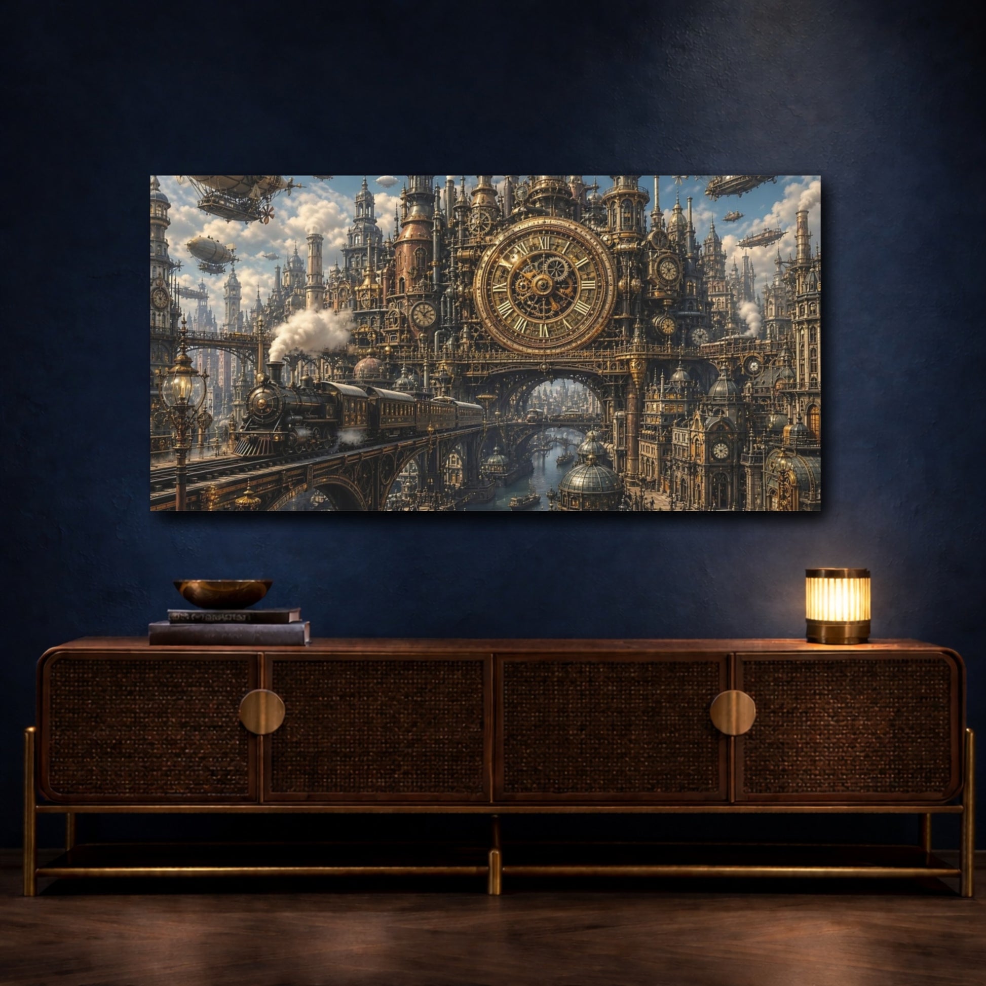 Mockup 4. Science Fiction Steampunk City Gold Steampunk shown as stretched canvas wall art