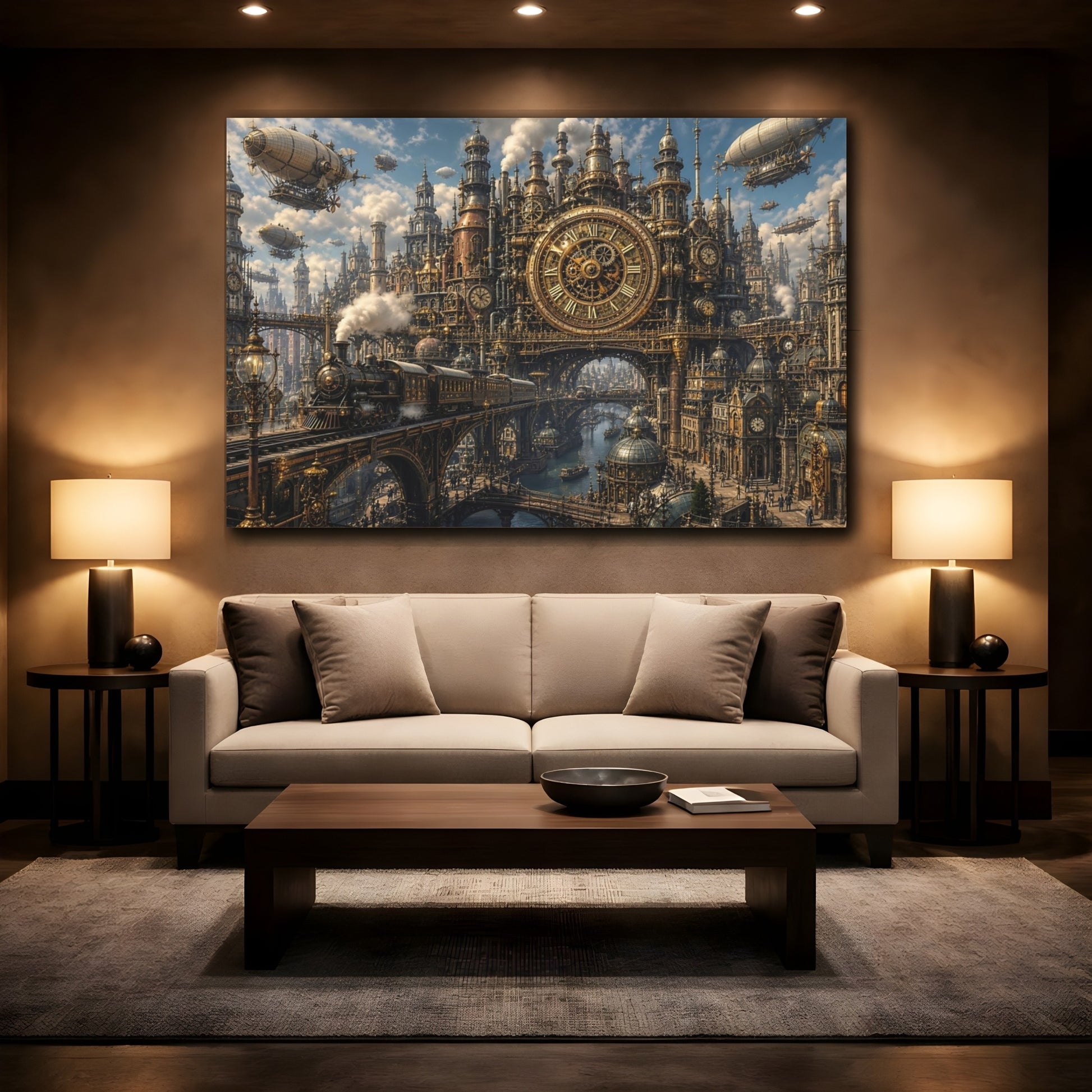 Mockup 2. Science Fiction Steampunk City Steampunk Bronze Gold shown as stretched canvas wall art