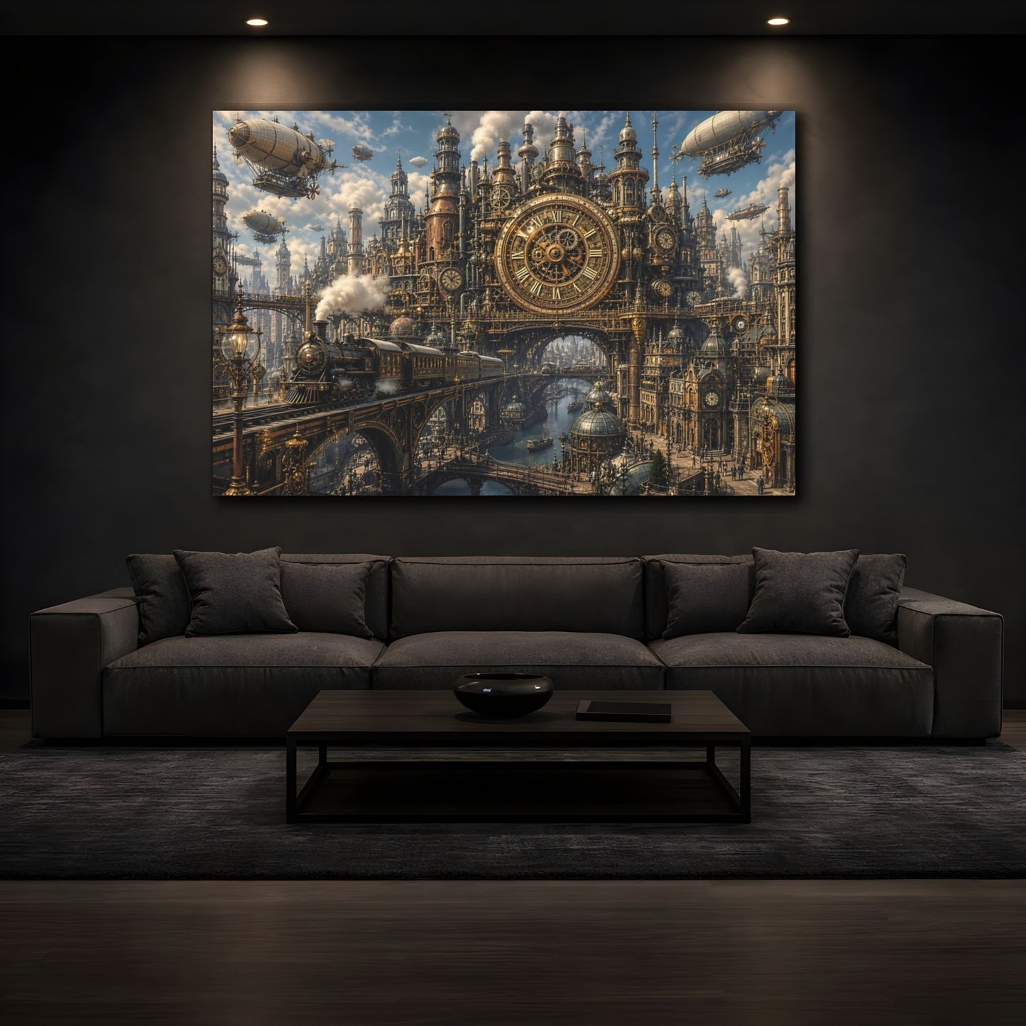 Mockup 3. Science Fiction Steampunk City Steampunk Bronze Gold shown as stretched canvas wall art