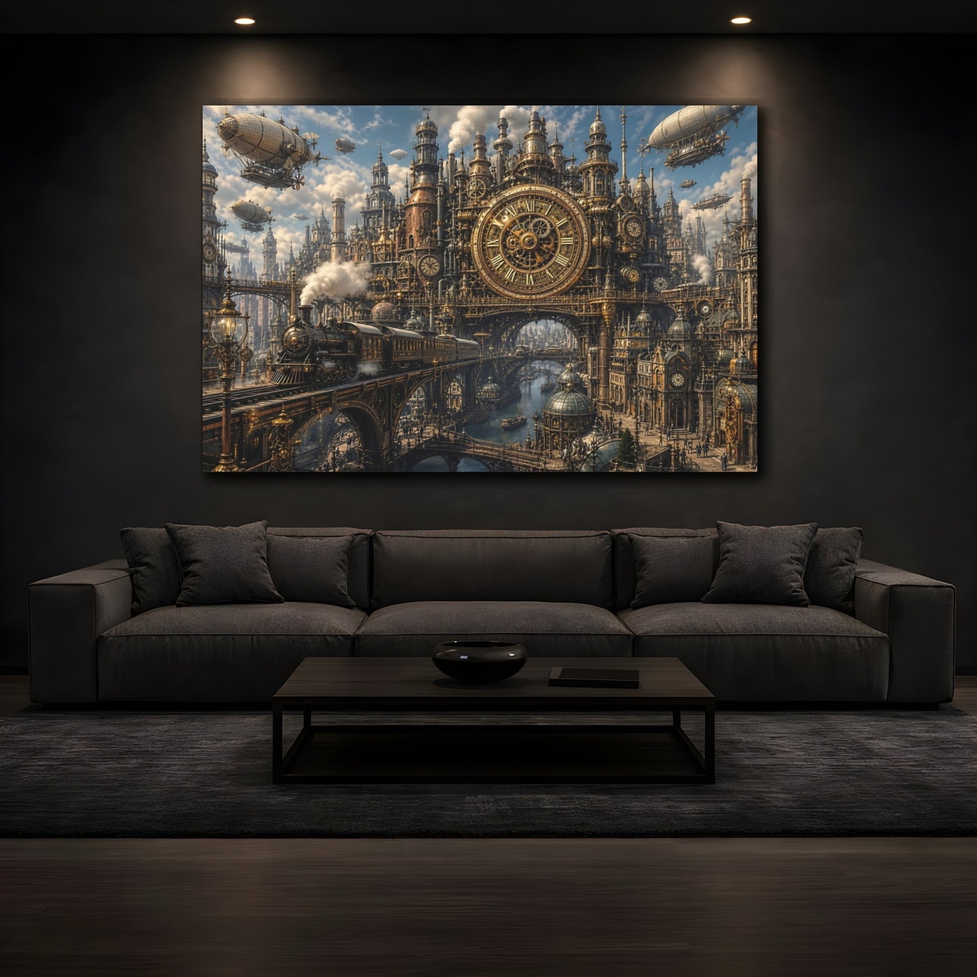 Mockup 3. Science Fiction Steampunk City Steampunk Bronze Gold shown as stretched canvas wall art