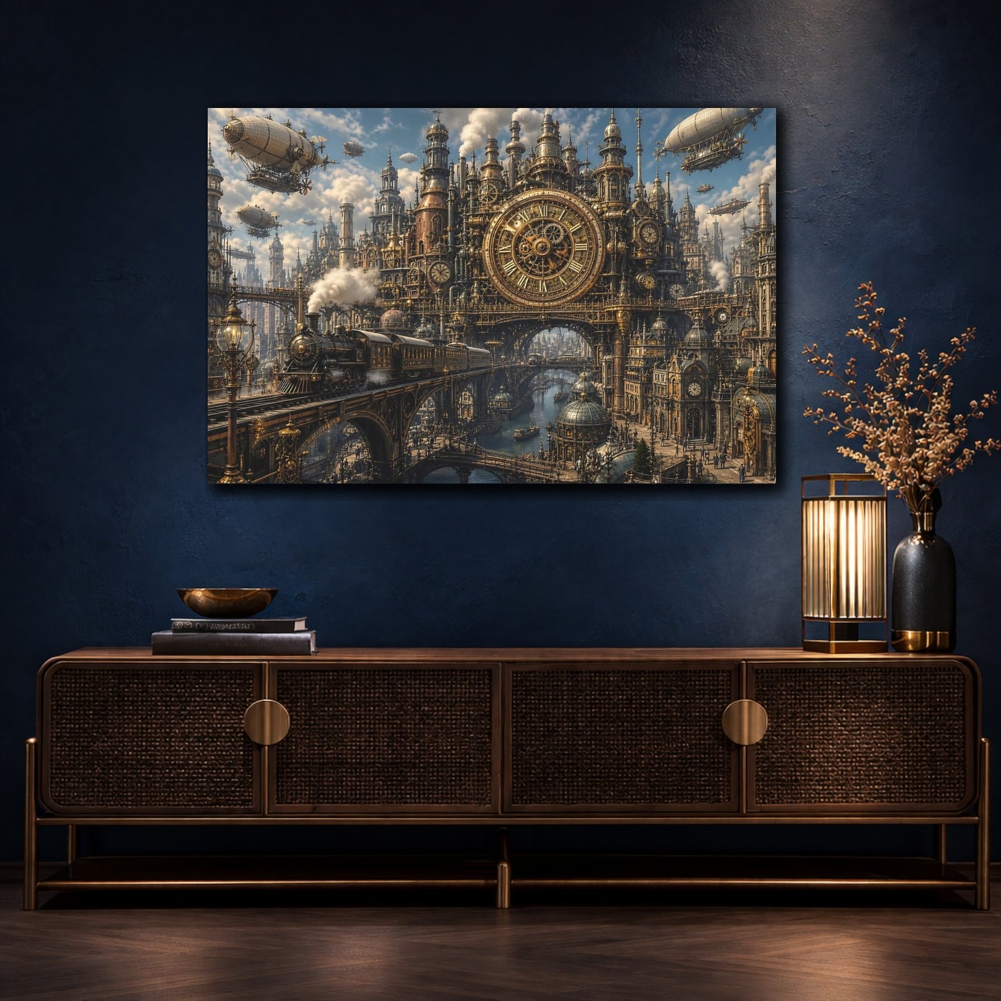 Mockup 4. Science Fiction Steampunk City Steampunk Bronze Gold shown as stretched canvas wall art