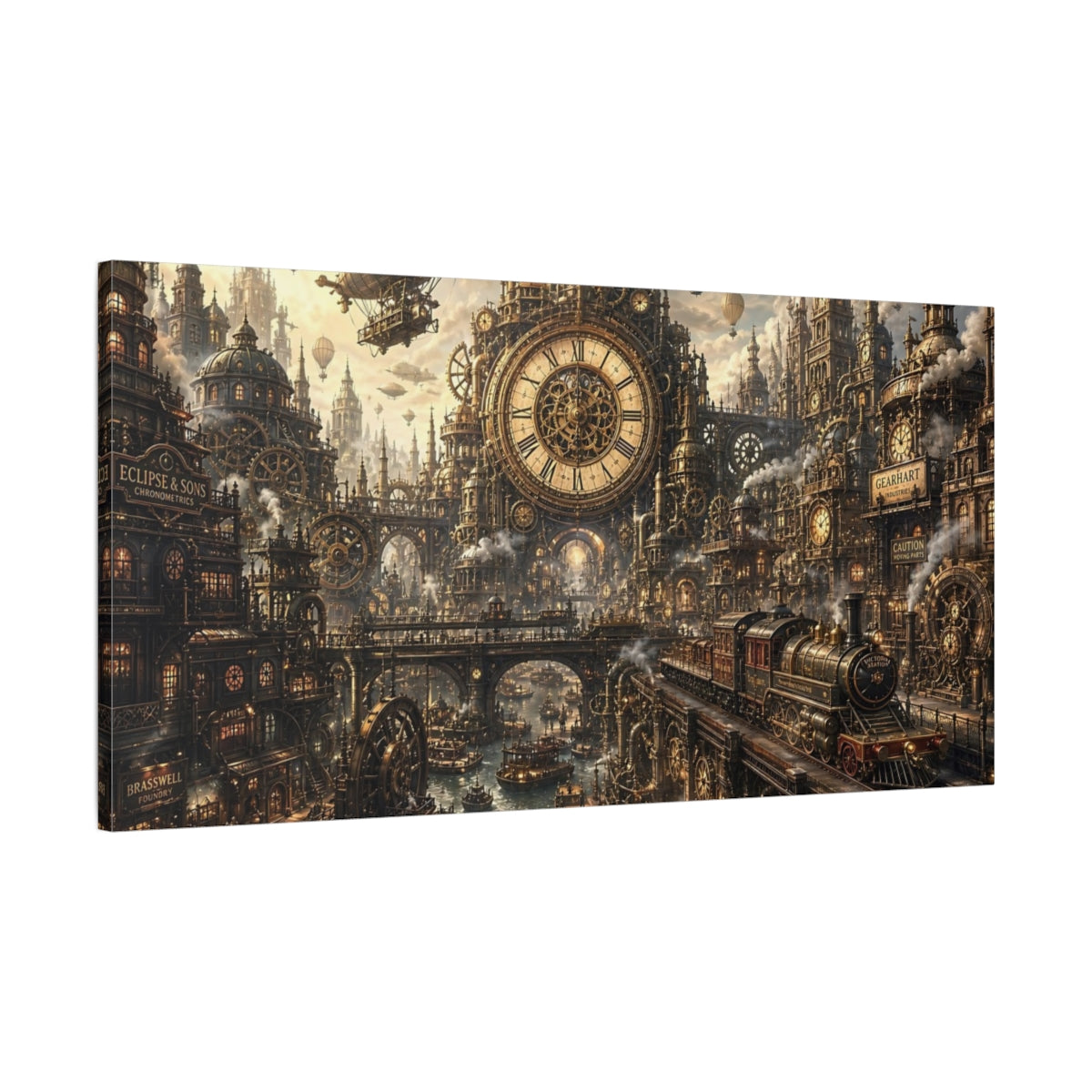 Main Mockup. Science Fiction Steampunk City Steampunk Cityscape shown as stretched canvas wall art