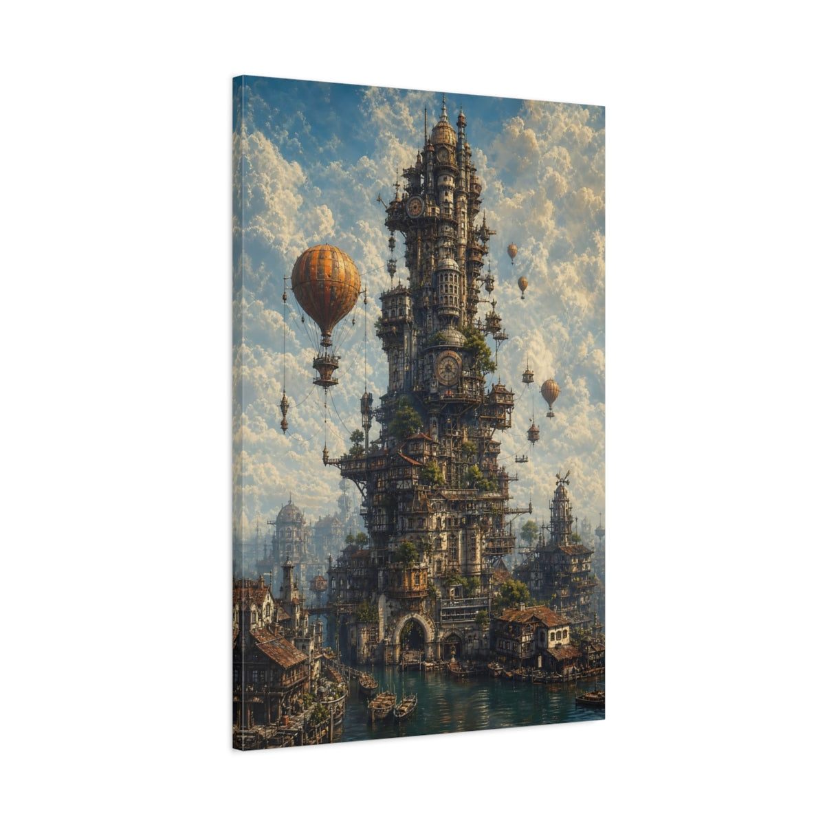 Main Mockup. Science Fiction Steampunk City Steampunk Cityscape shown as stretched canvas wall art