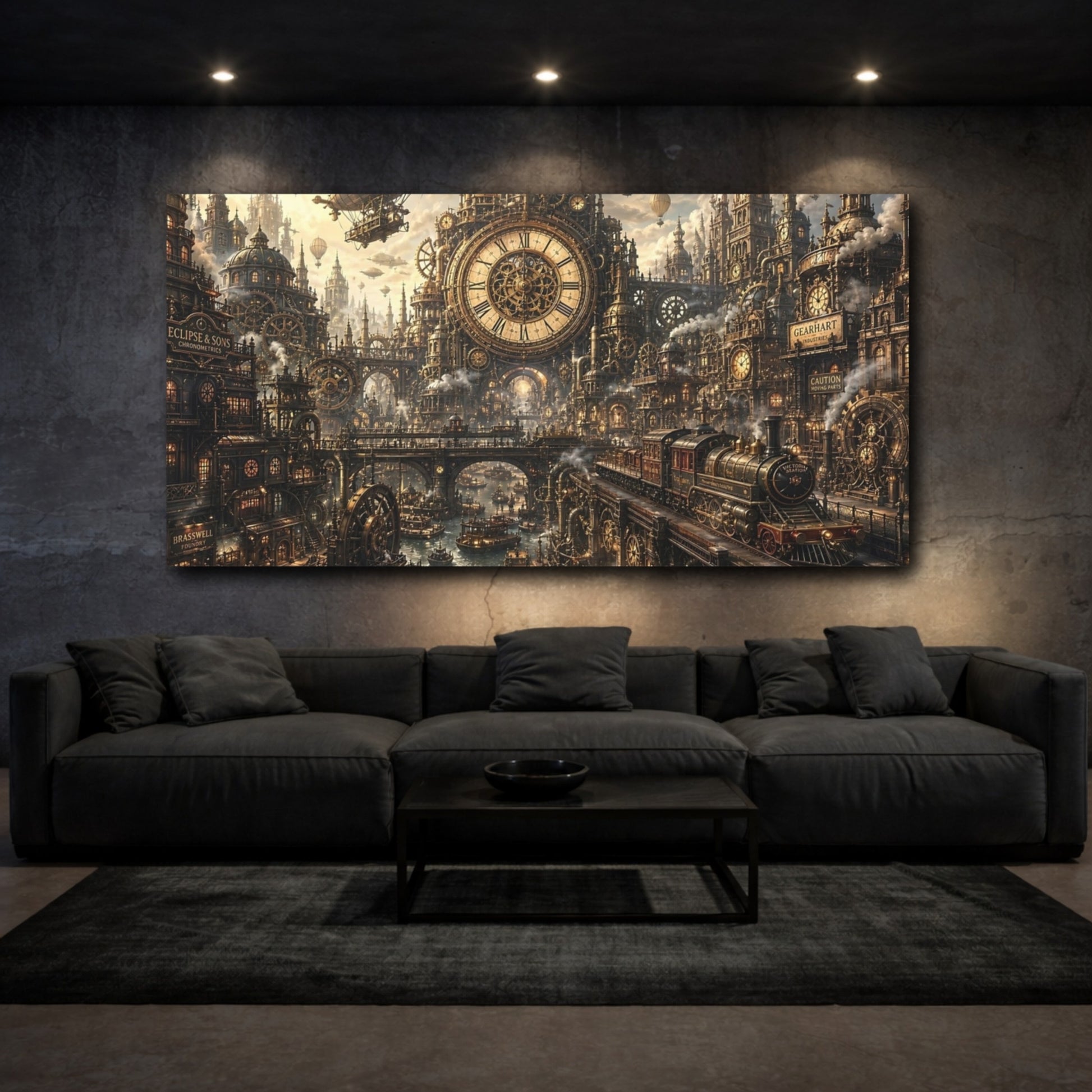 Mockup 2. Science Fiction Steampunk City Steampunk Cityscape shown as stretched canvas wall art