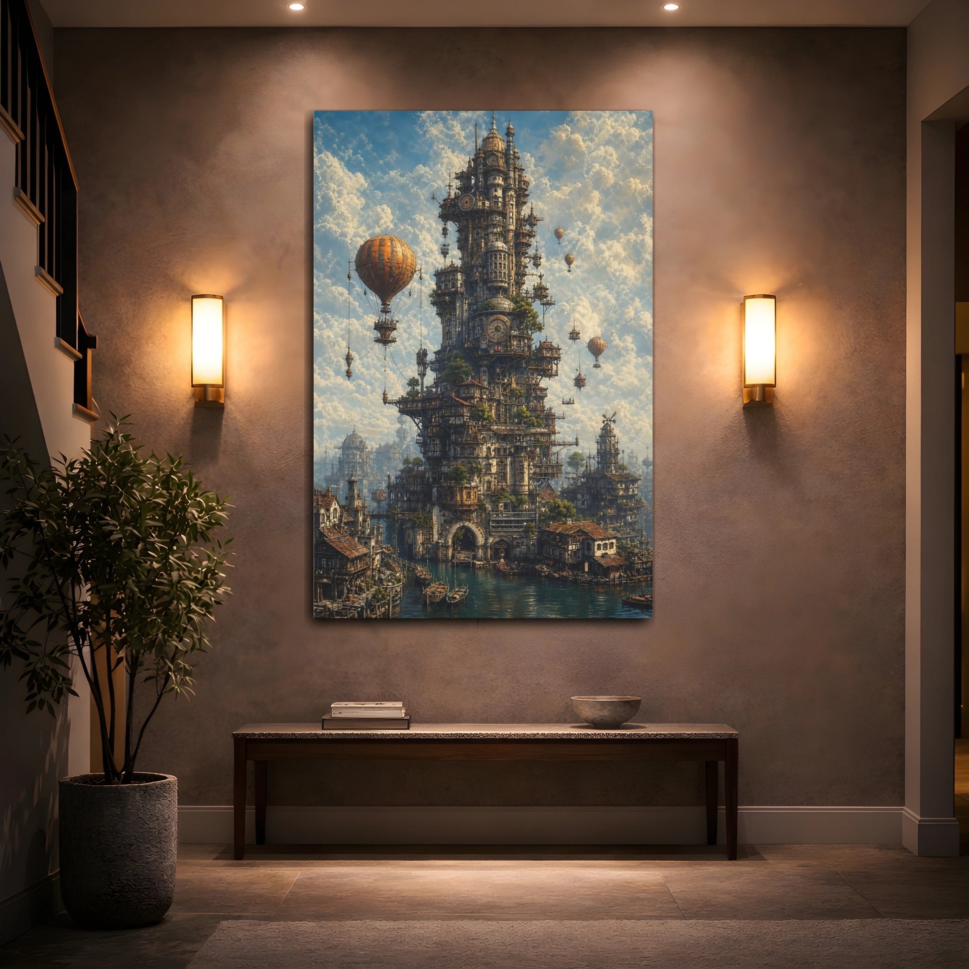 Mockup 2. Science Fiction Steampunk City Steampunk Cityscape shown as stretched canvas wall art