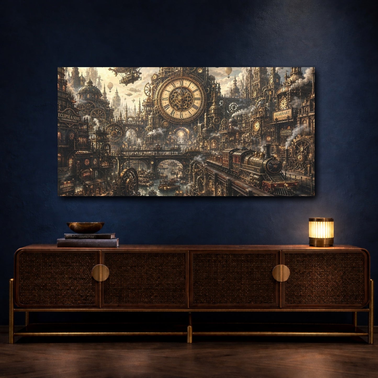 Mockup 3. Science Fiction Steampunk City Steampunk Cityscape shown as stretched canvas wall art