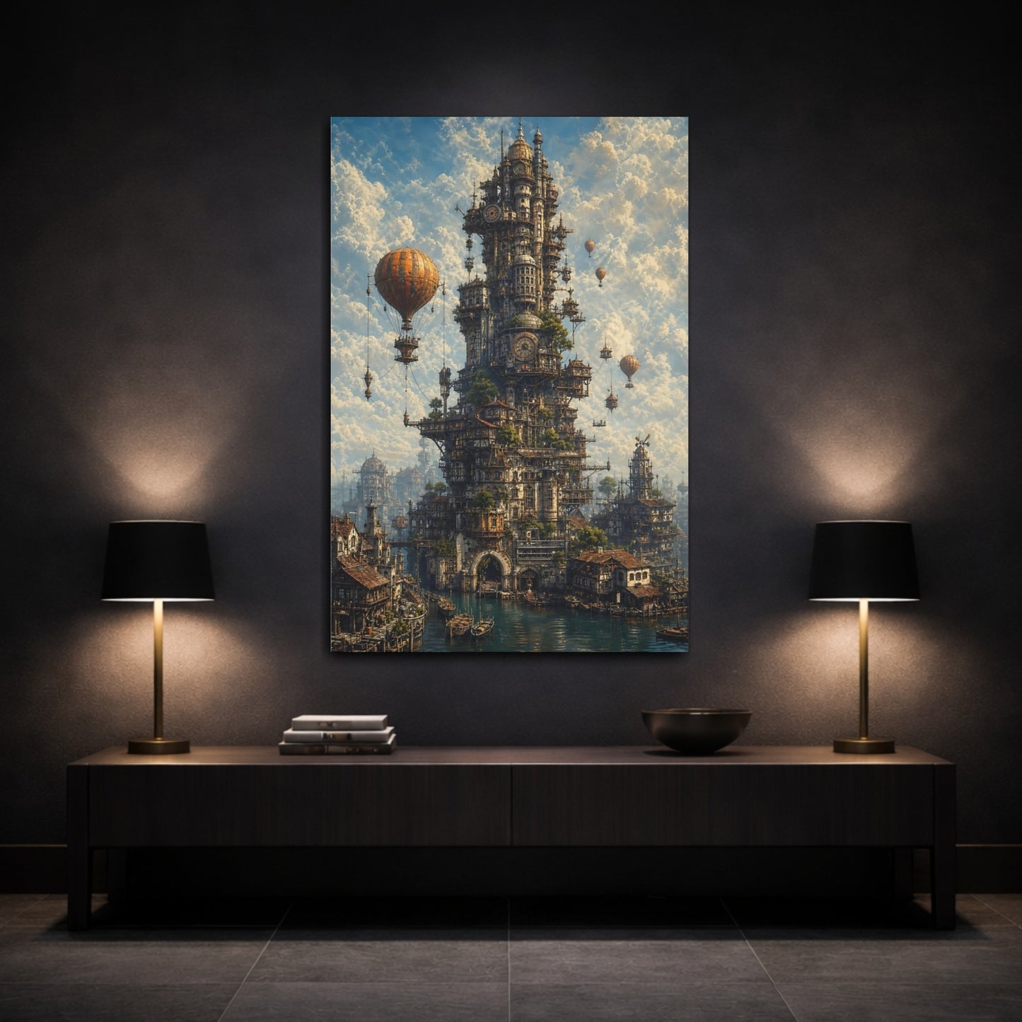 Mockup 3. Science Fiction Steampunk City Steampunk Cityscape shown as stretched canvas wall art