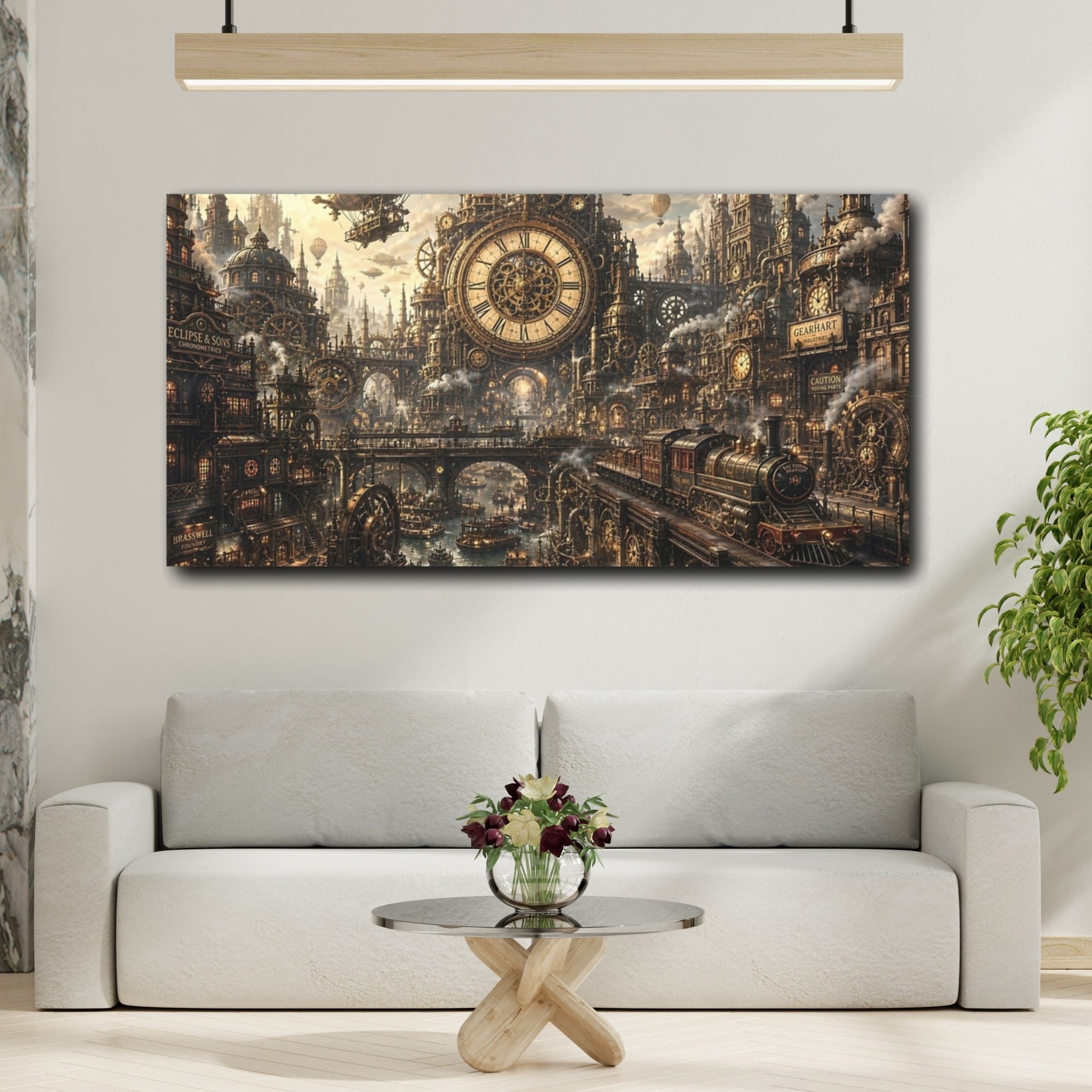 Mockup 4. Science Fiction Steampunk City Steampunk Cityscape shown as stretched canvas wall art