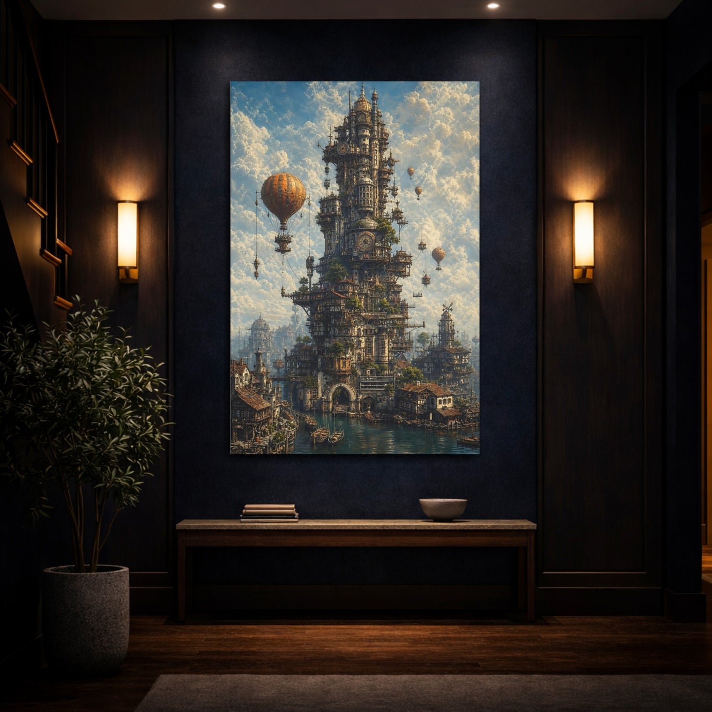 Mockup 4. Science Fiction Steampunk City Steampunk Cityscape shown as stretched canvas wall art