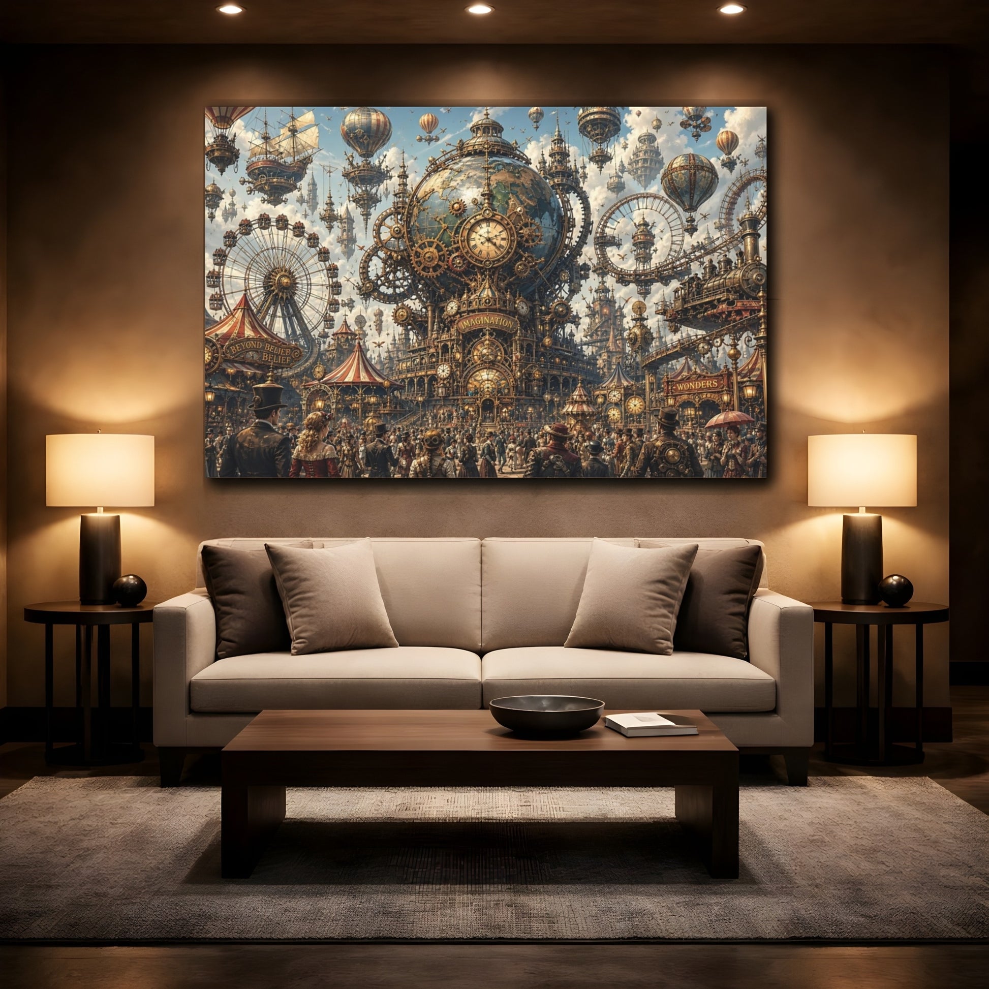 Mockup 2. Science Fiction Steampunk City Steampunk Fantasy shown as stretched canvas wall art