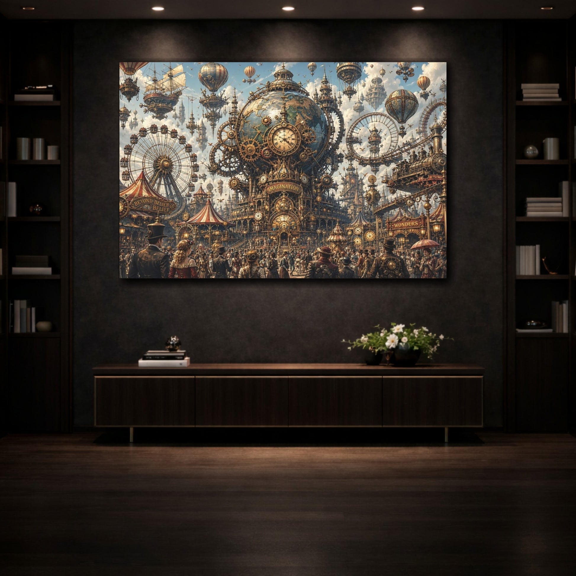 Mockup 3. Science Fiction Steampunk City Steampunk Fantasy shown as stretched canvas wall art