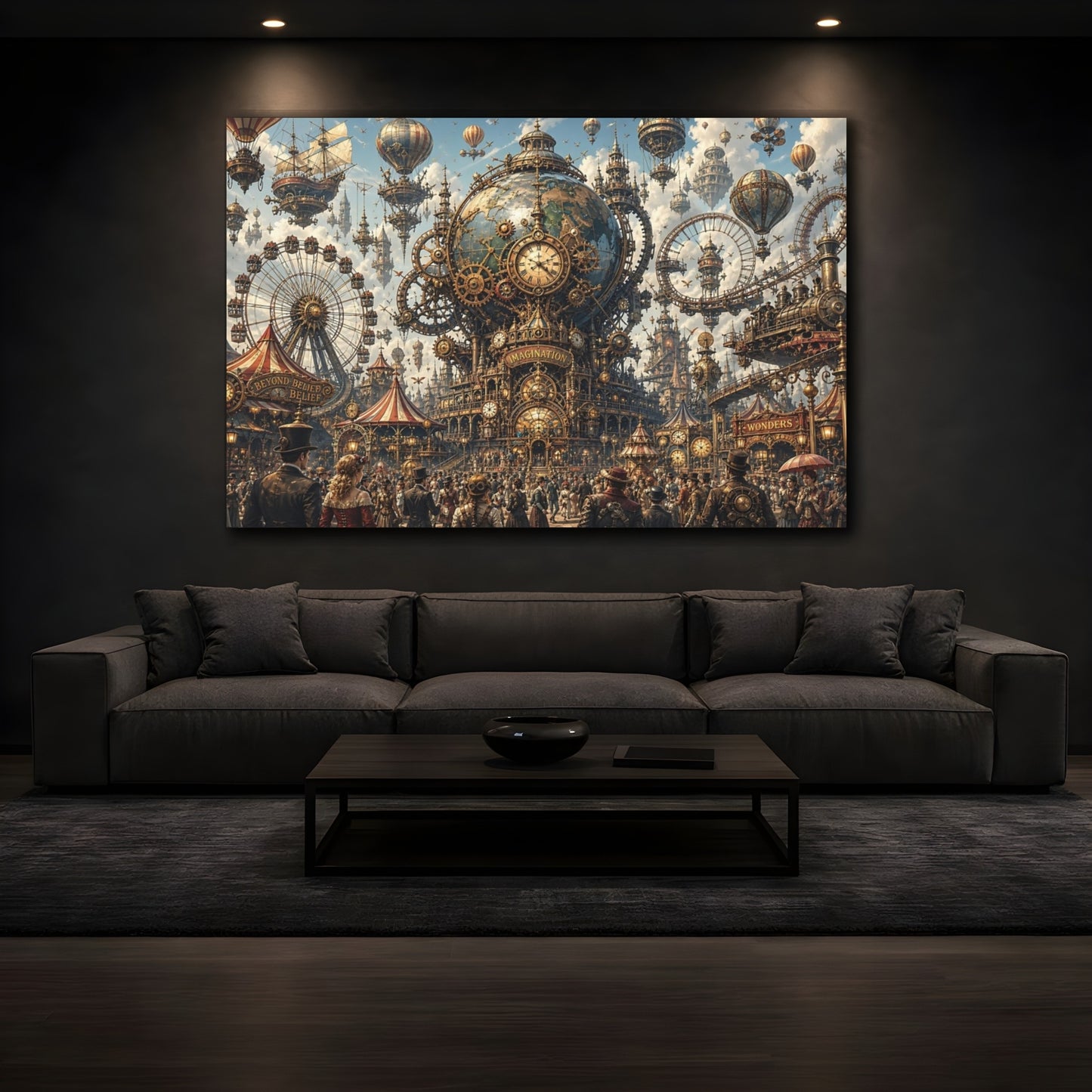 Mockup 4. Science Fiction Steampunk City Steampunk Fantasy shown as stretched canvas wall art