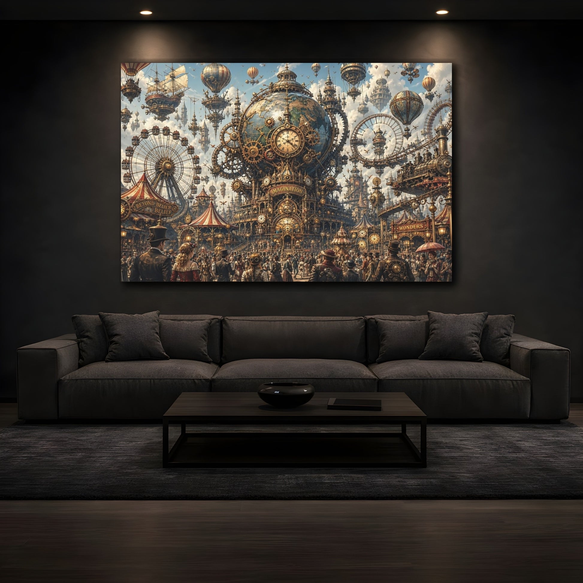 Mockup 4. Science Fiction Steampunk City Steampunk Fantasy shown as stretched canvas wall art
