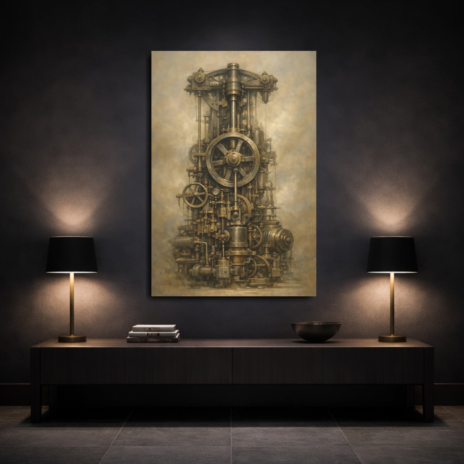 Mockup 2. Science Fiction Steampunk Engine Bronze Steampunk shown as stretched canvas wall art