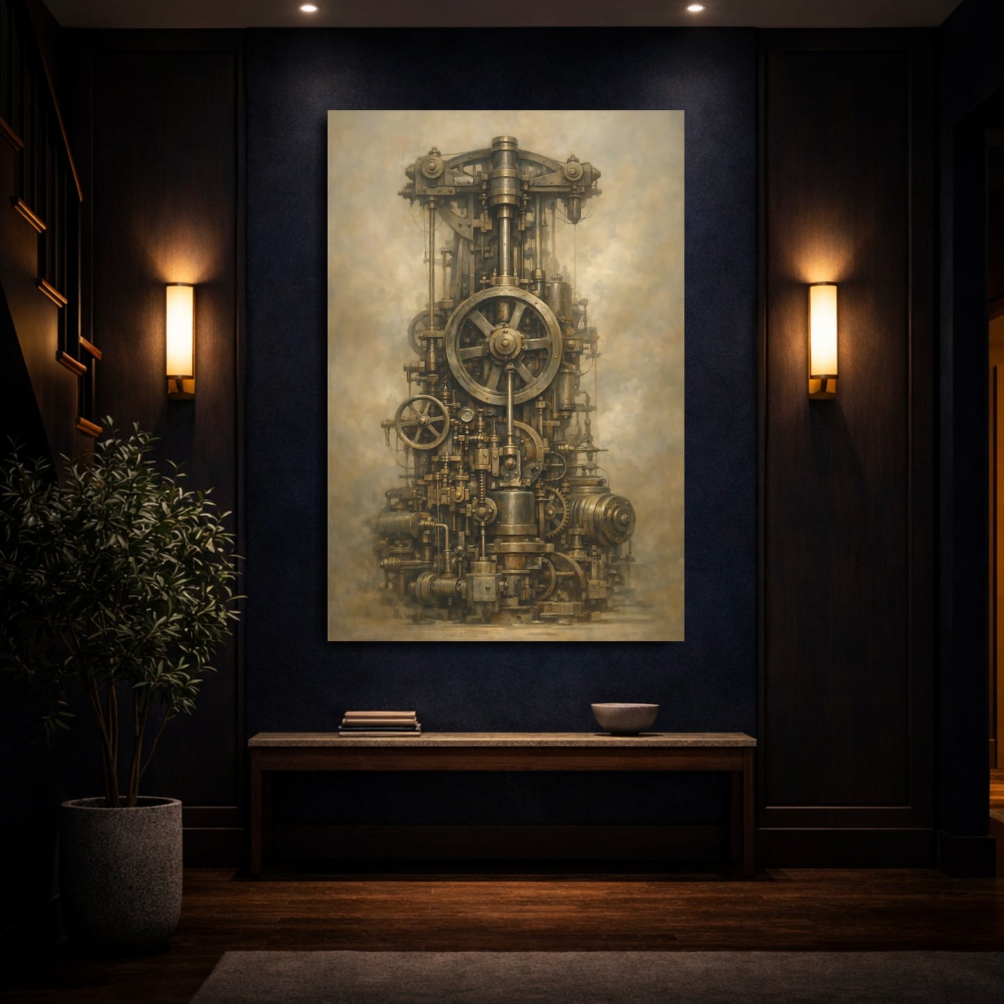 Mockup 3. Science Fiction Steampunk Engine Bronze Steampunk shown as stretched canvas wall art