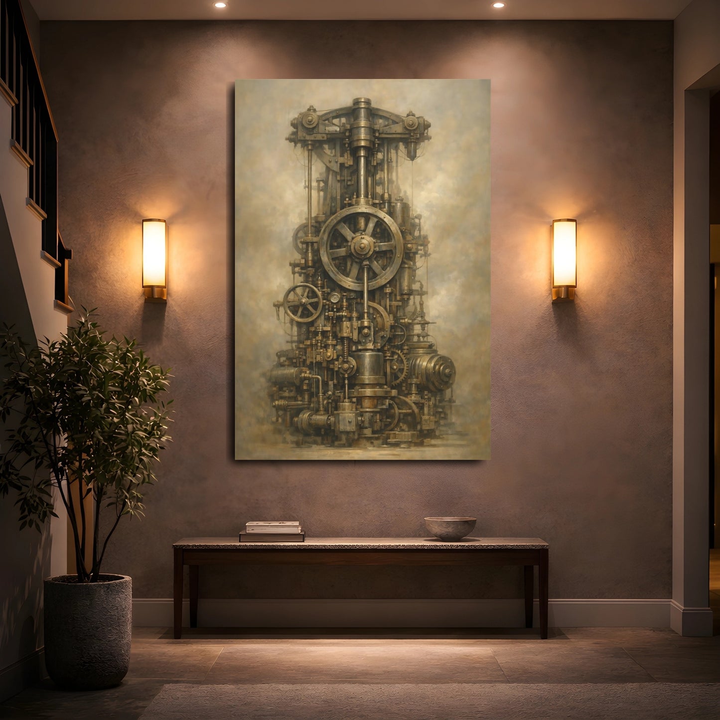 Mockup 4. Science Fiction Steampunk Engine Bronze Steampunk shown as stretched canvas wall art