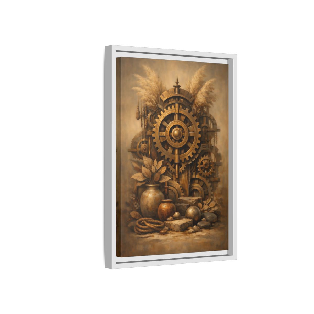 Side Mockup 4. Science Fiction Steampunk Gears Gold Steampunk shown as stretched canvas wall art