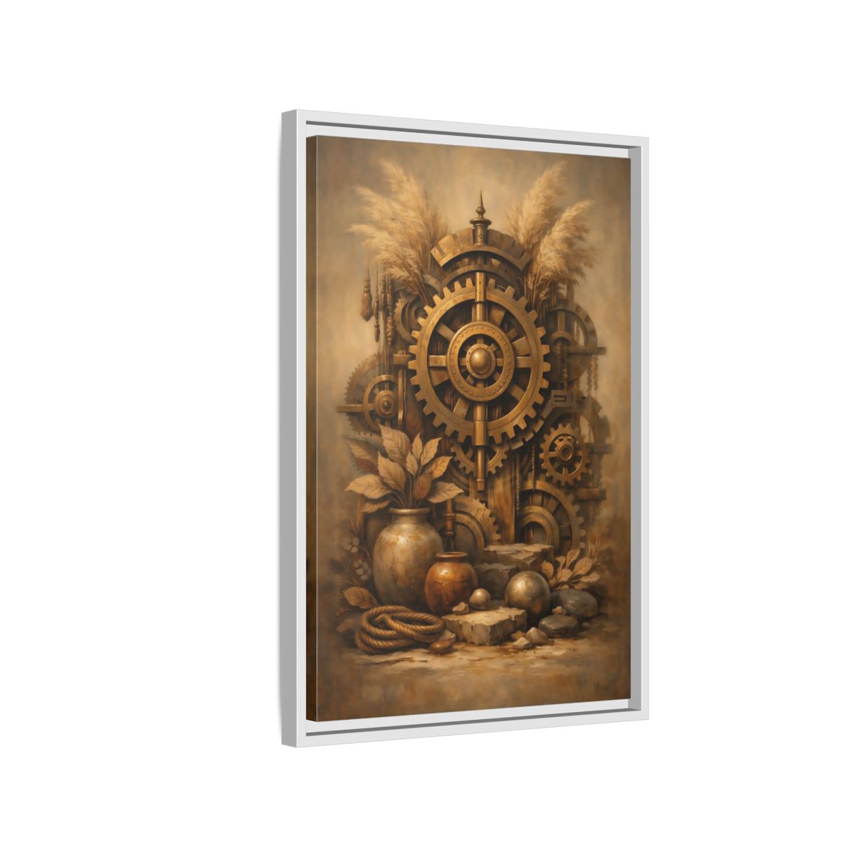 Side Mockup 1. Science Fiction Steampunk Gears Gold Steampunk shown as stretched canvas wall art