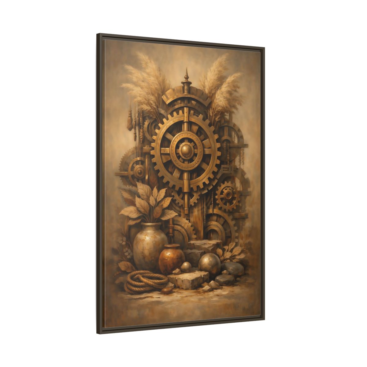 Side Mockup 8. Science Fiction Steampunk Gears Gold Steampunk shown as stretched canvas wall art