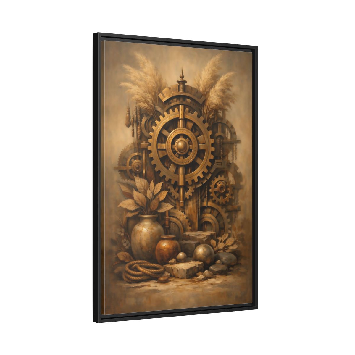 Side Mockup 13. Science Fiction Steampunk Gears Gold Steampunk shown as stretched canvas wall art