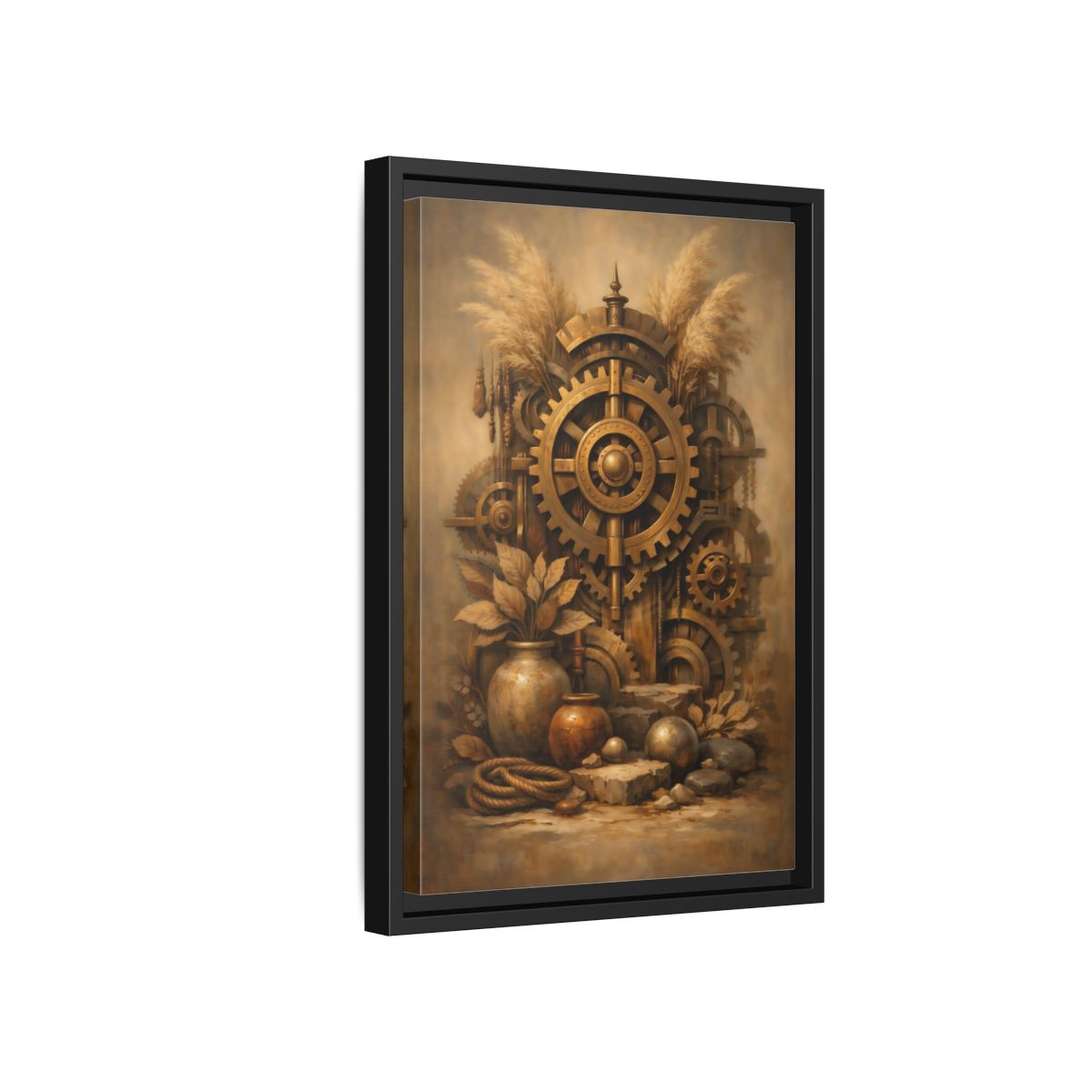 Side Mockup 6. Science Fiction Steampunk Gears Gold Steampunk shown as stretched canvas wall art