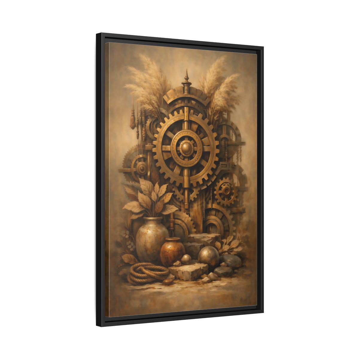 Side Mockup 14. Science Fiction Steampunk Gears Gold Steampunk shown as stretched canvas wall art