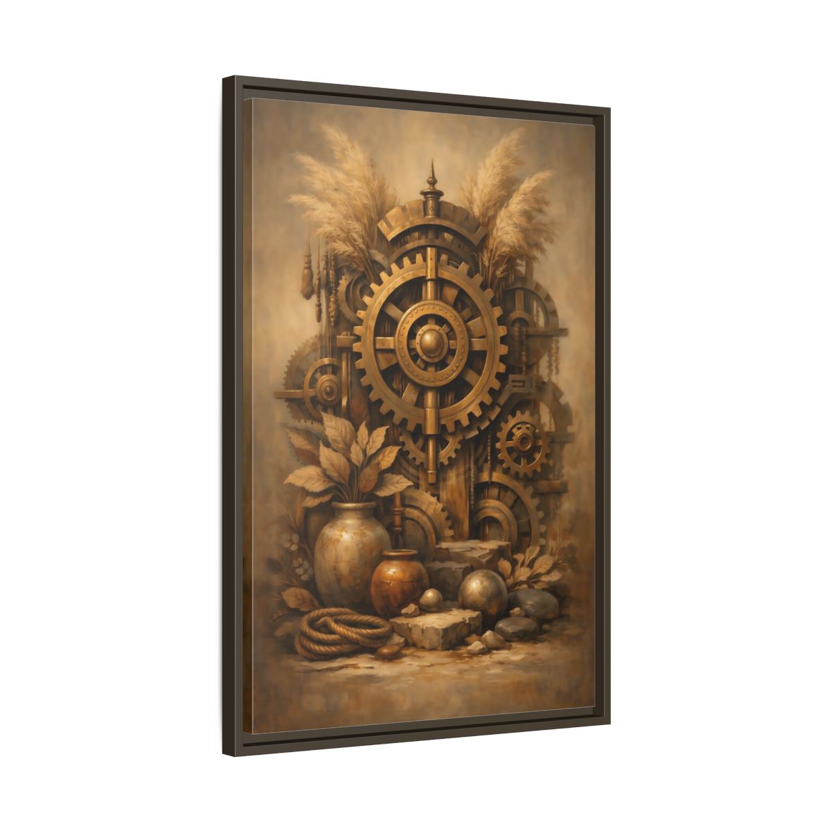 Side Mockup 12. Science Fiction Steampunk Gears Gold Steampunk shown as stretched canvas wall art
