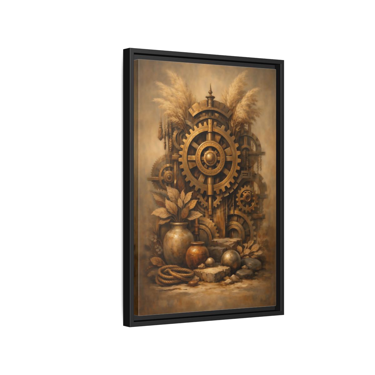 Side Mockup 3. Science Fiction Steampunk Gears Gold Steampunk shown as stretched canvas wall art