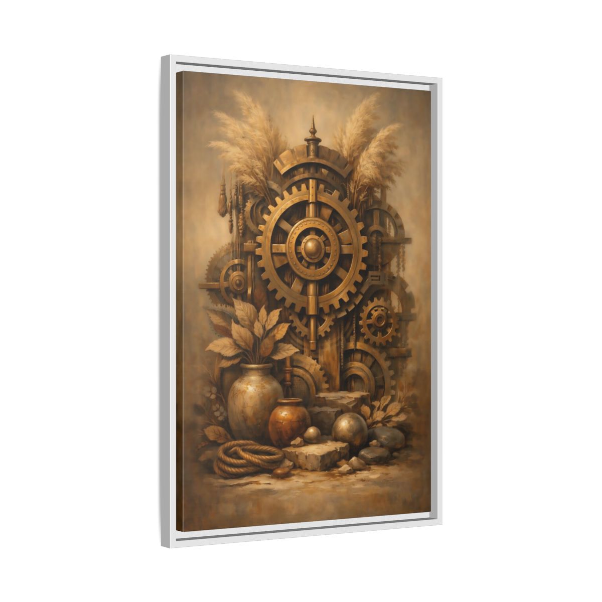Side Mockup 11. Science Fiction Steampunk Gears Gold Steampunk shown as stretched canvas wall art