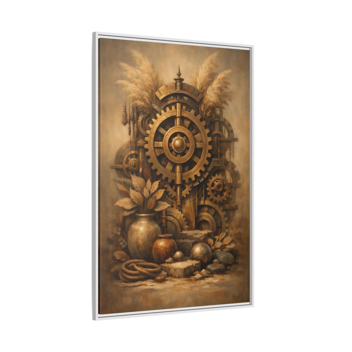 Side Mockup 7. Science Fiction Steampunk Gears Gold Steampunk shown as stretched canvas wall art