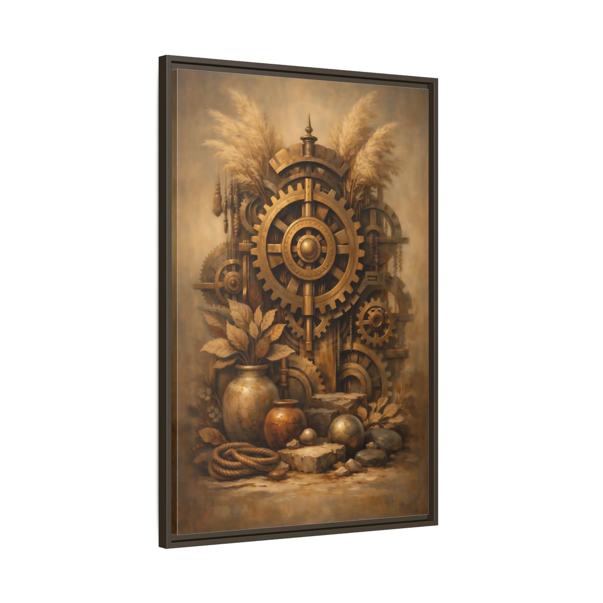 Side Mockup 10. Science Fiction Steampunk Gears Gold Steampunk shown as stretched canvas wall art