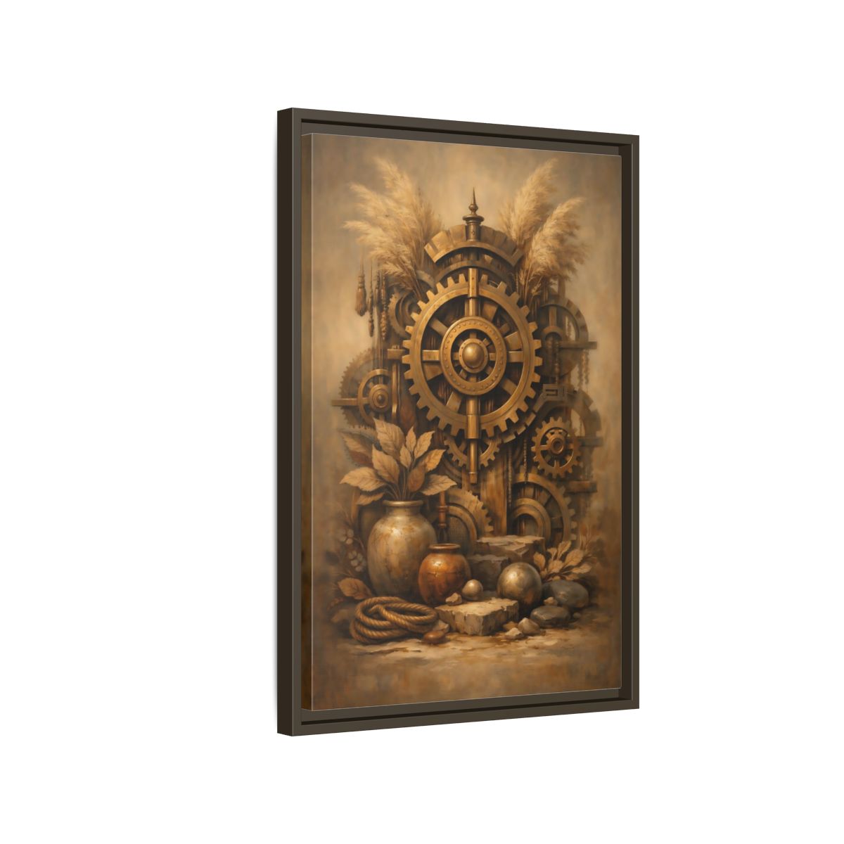 Side Mockup 2. Science Fiction Steampunk Gears Gold Steampunk shown as stretched canvas wall art