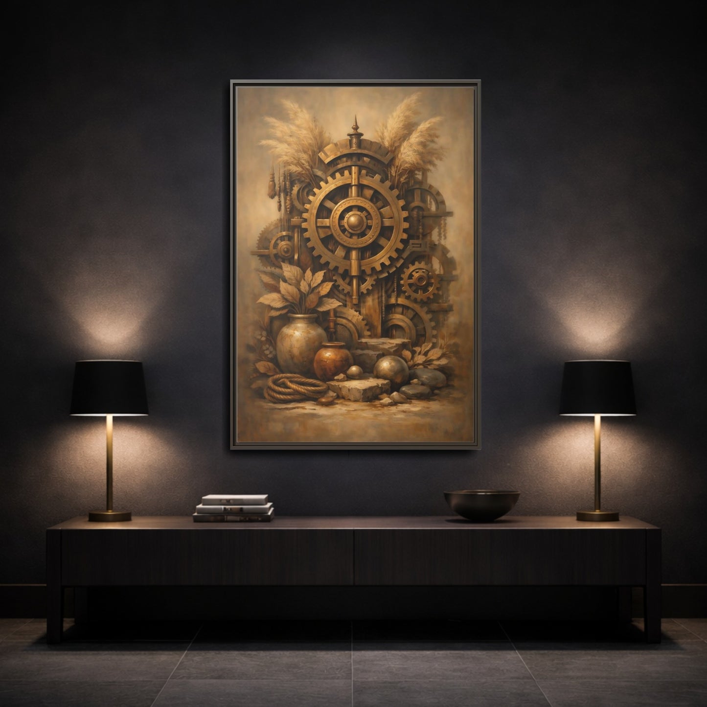 Mockup 2. Science Fiction Steampunk Gears Gold Steampunk shown as stretched canvas wall art