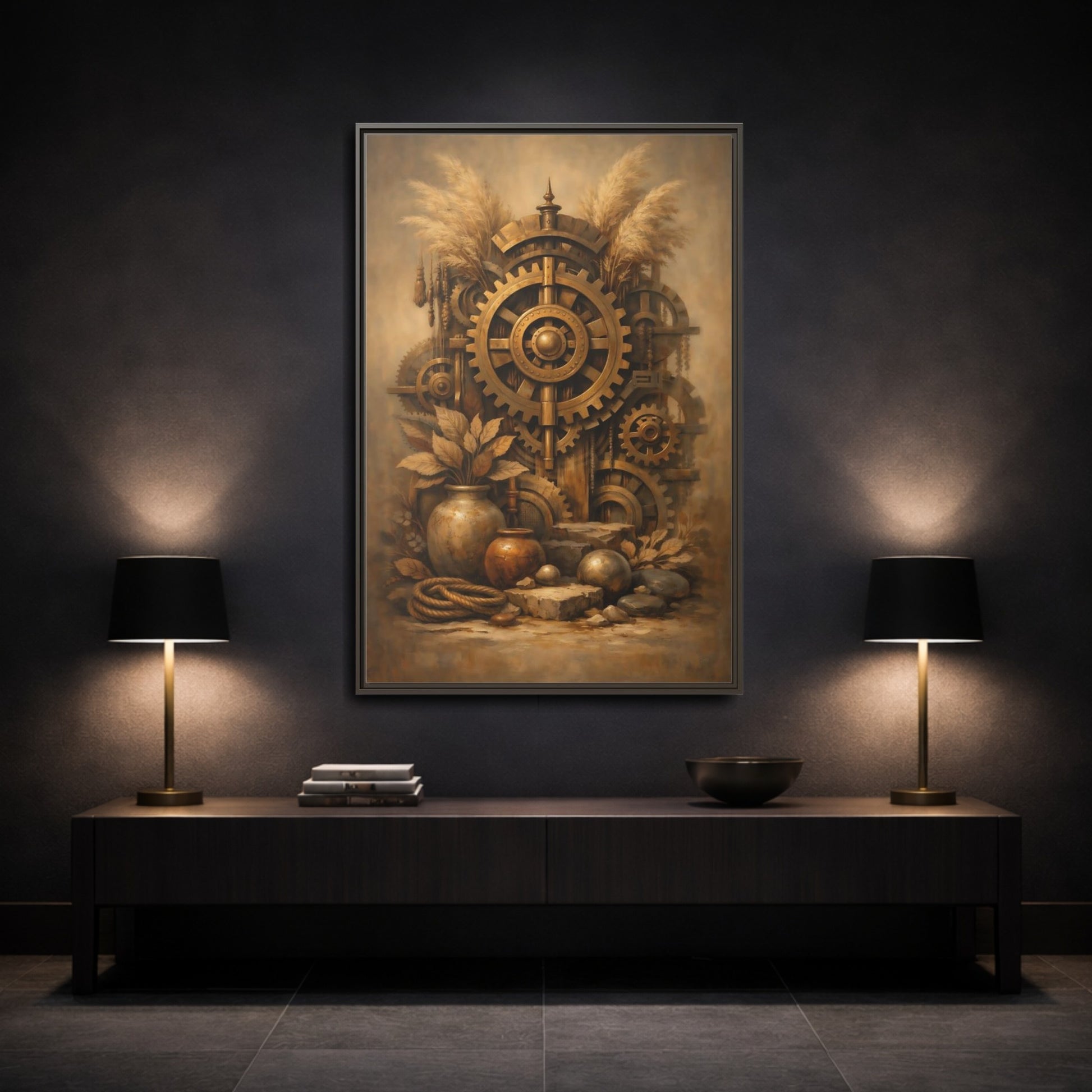 Mockup 2. Science Fiction Steampunk Gears Gold Steampunk shown as stretched canvas wall art