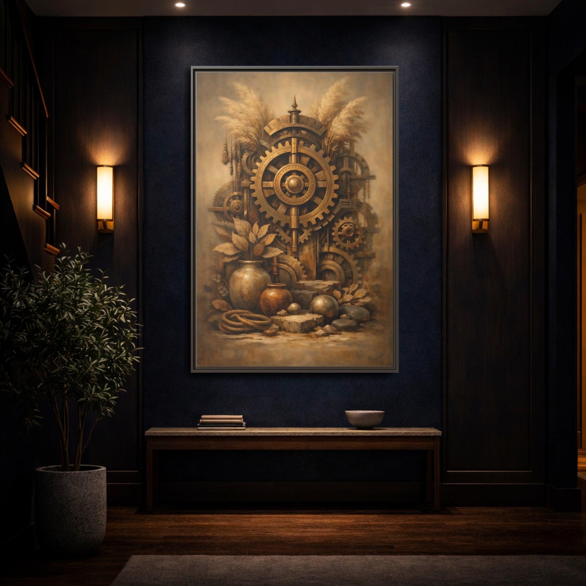 Mockup 3. Science Fiction Steampunk Gears Gold Steampunk shown as stretched canvas wall art