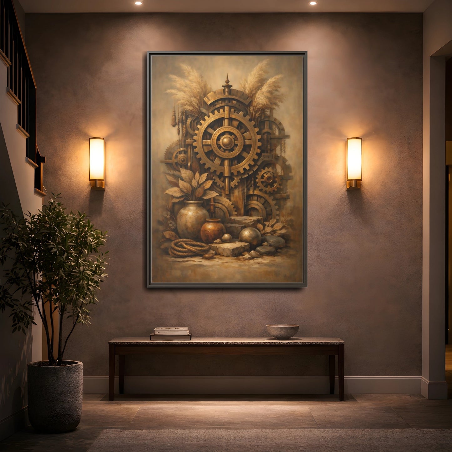 Mockup 4. Science Fiction Steampunk Gears Gold Steampunk shown as stretched canvas wall art