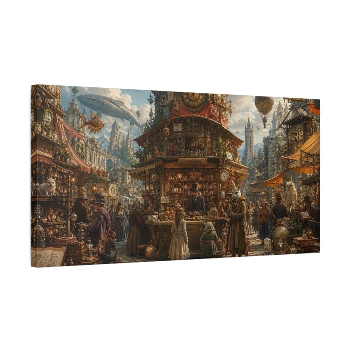 Side Mockup 1. Science Fiction Steampunk Market Steampunk Marketplace shown as stretched canvas wall art
