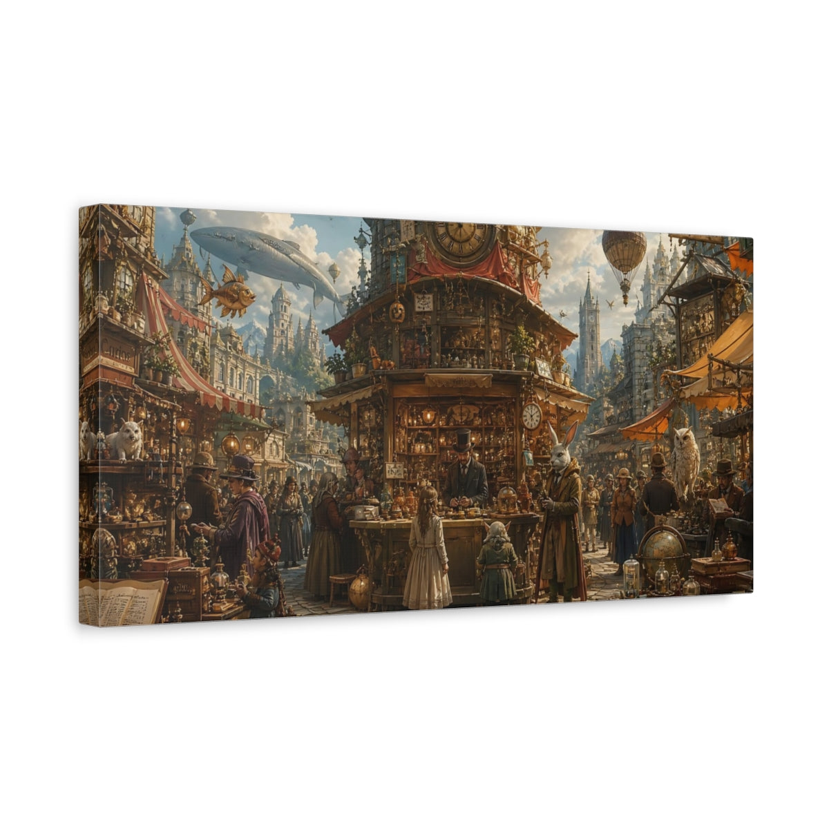 Side Mockup 3. Science Fiction Steampunk Market Steampunk Marketplace shown as stretched canvas wall art