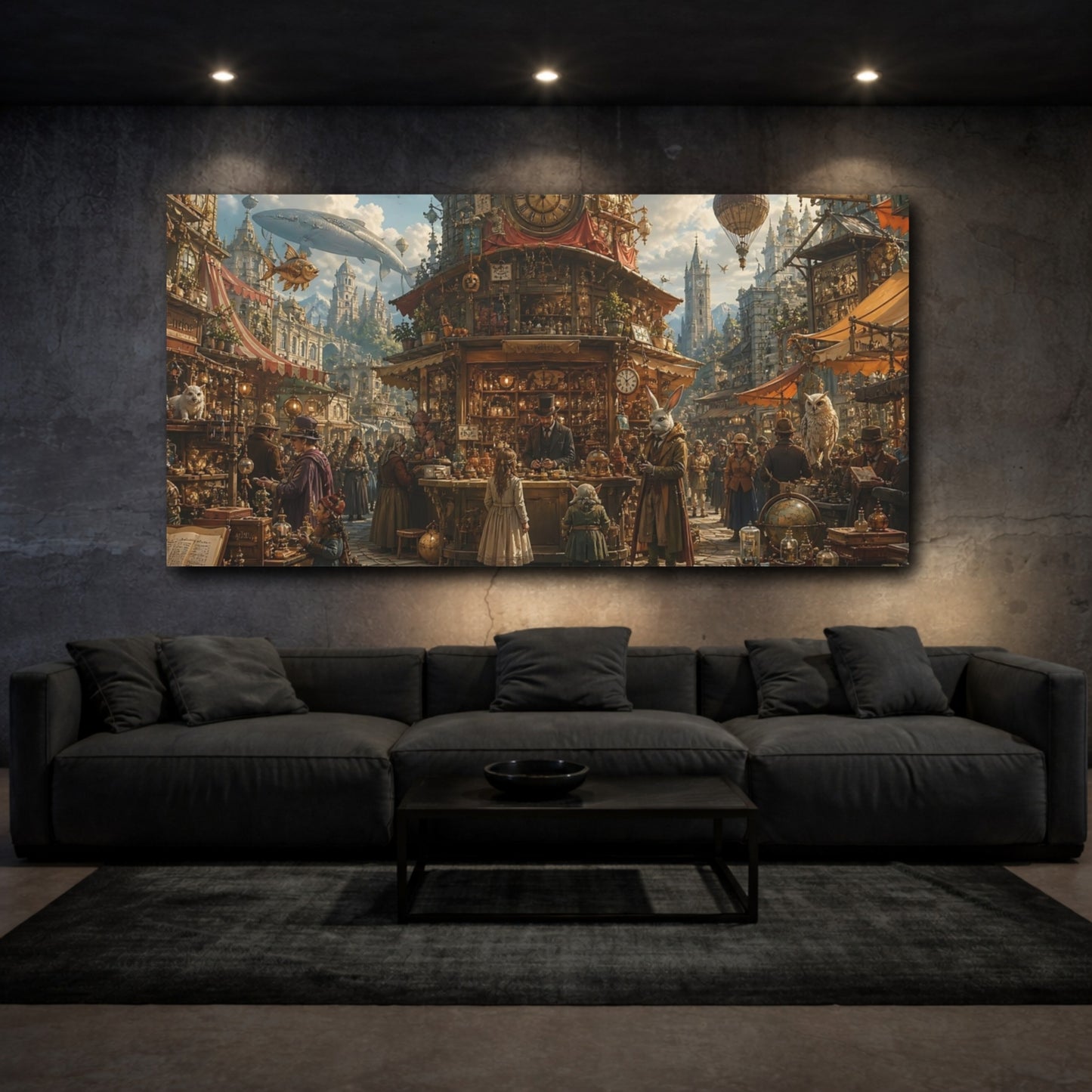 Mockup 2. Science Fiction Steampunk Market Steampunk Marketplace shown as stretched canvas wall art