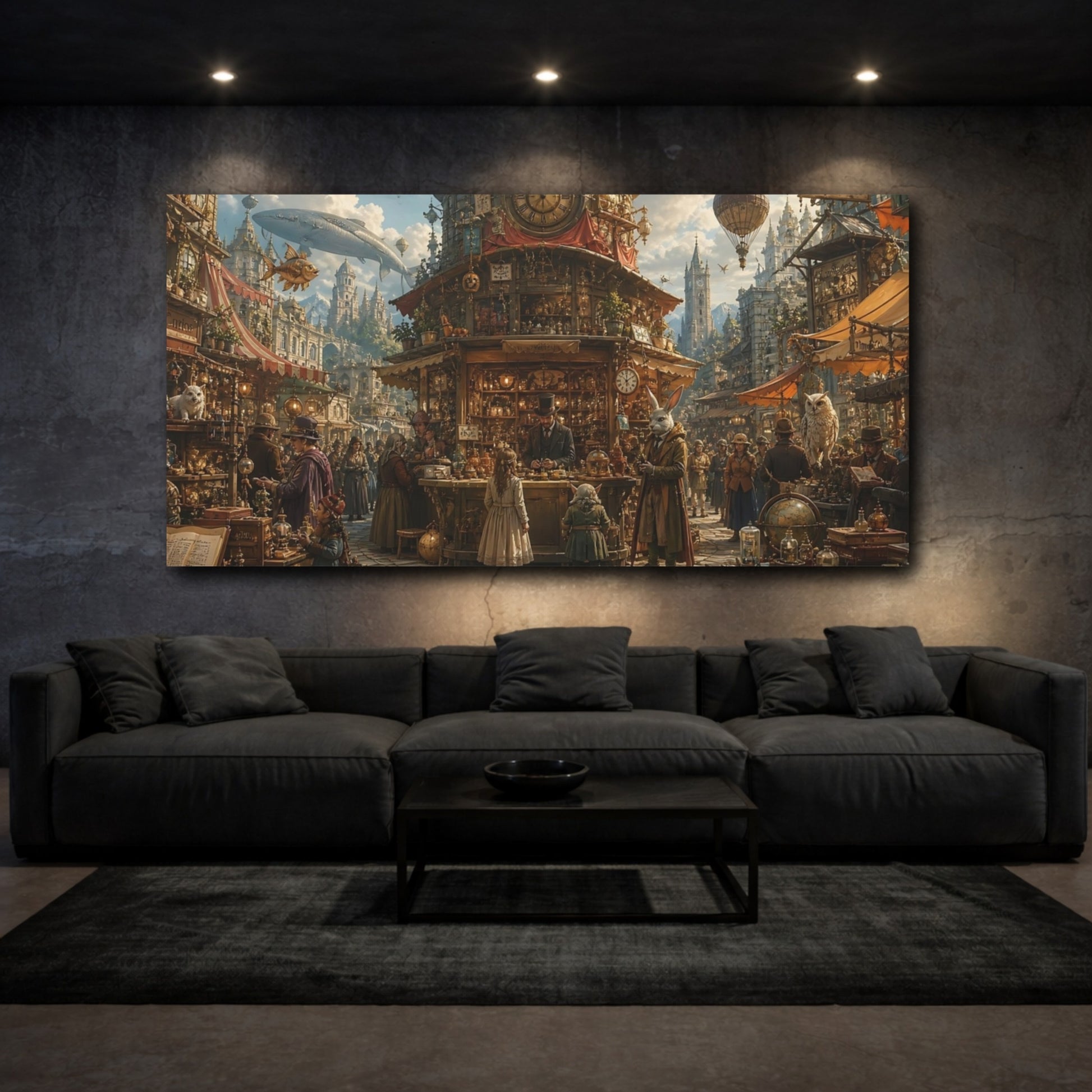 Mockup 2. Science Fiction Steampunk Market Steampunk Marketplace shown as stretched canvas wall art