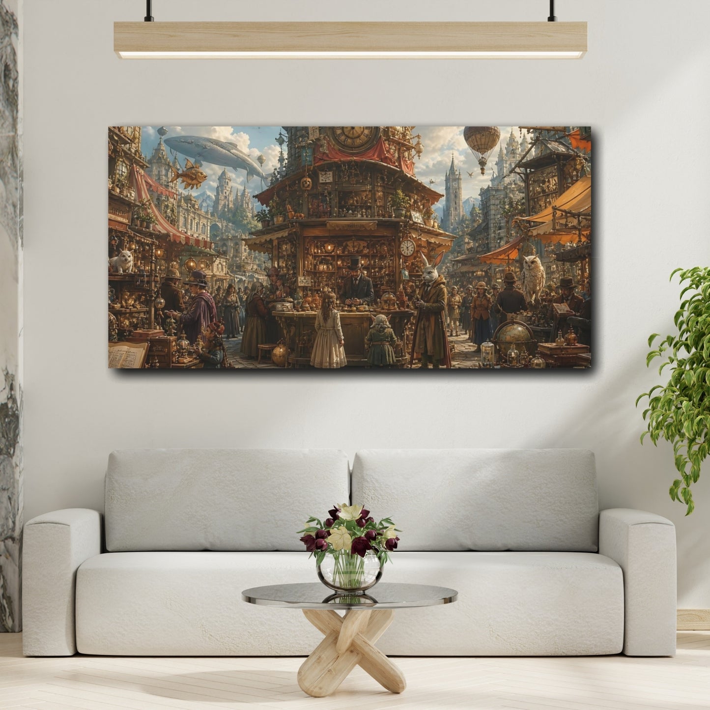 Mockup 3. Science Fiction Steampunk Market Steampunk Marketplace shown as stretched canvas wall art