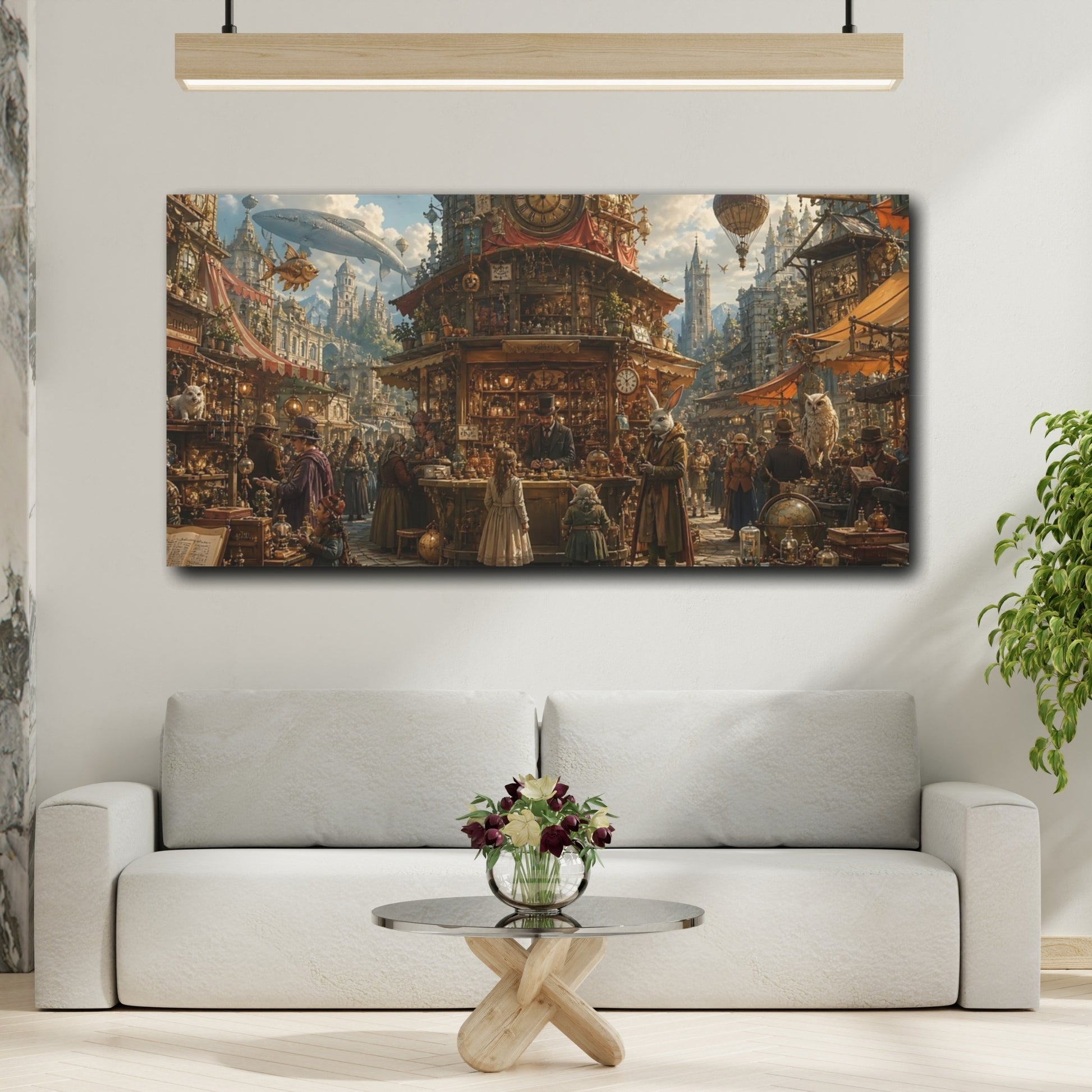 Mockup 3. Science Fiction Steampunk Market Steampunk Marketplace shown as stretched canvas wall art