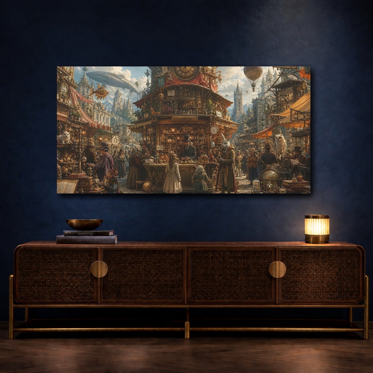 Mockup 4. Science Fiction Steampunk Market Steampunk Marketplace shown as stretched canvas wall art