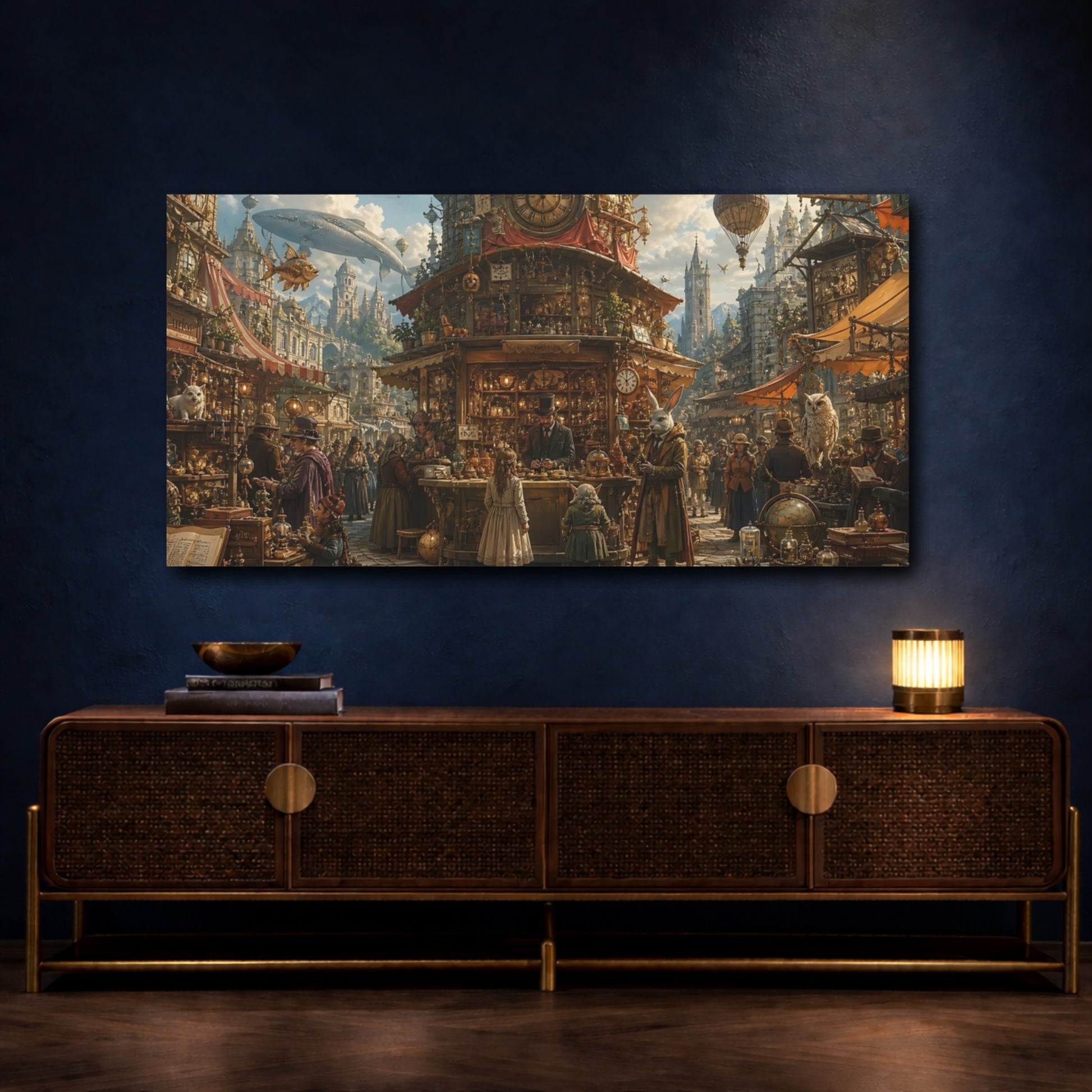 Mockup 4. Science Fiction Steampunk Market Steampunk Marketplace shown as stretched canvas wall art