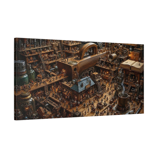 Main Mockup. Science Fiction Steampunk Workshop Brown And Gold shown as stretched canvas wall art