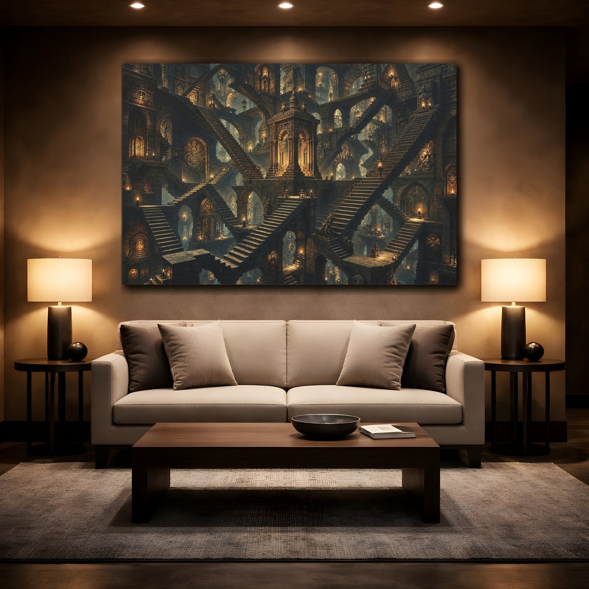 Mockup 2. Science Fiction Stone Labyrinth Ancient Stone Labyrinth shown as stretched canvas wall art