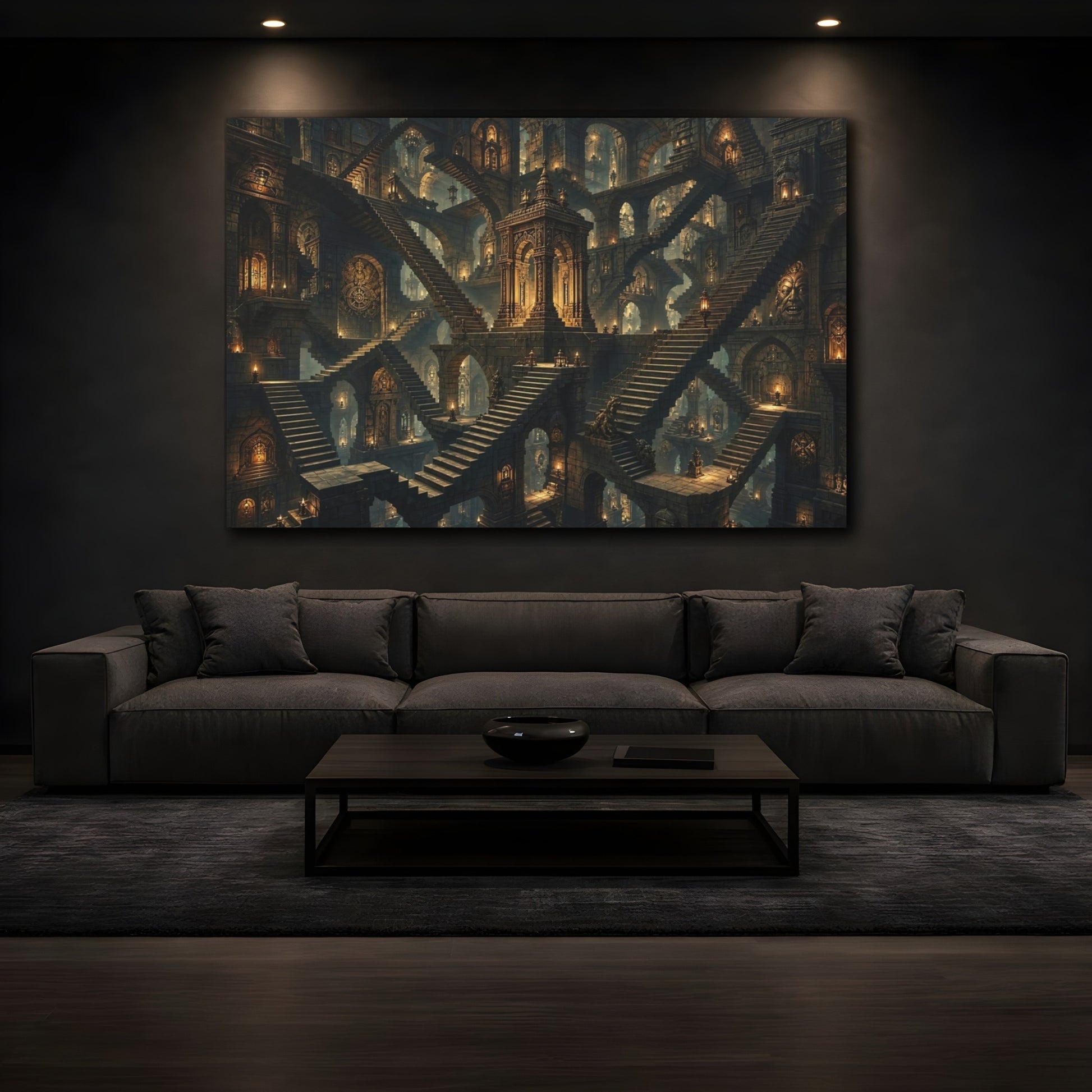 Mockup 3. Science Fiction Stone Labyrinth Ancient Stone Labyrinth shown as stretched canvas wall art