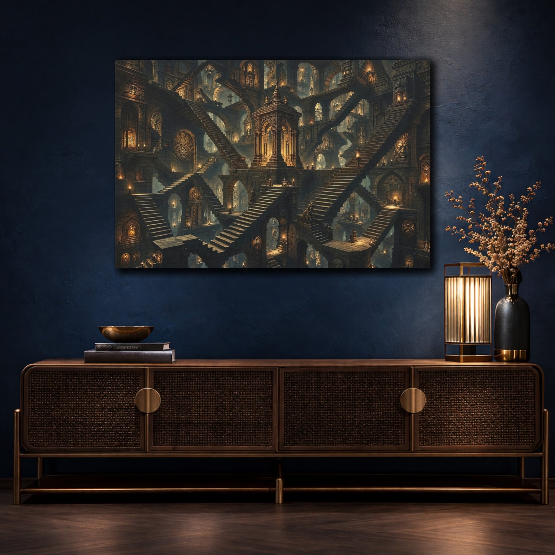 Mockup 4. Science Fiction Stone Labyrinth Ancient Stone Labyrinth shown as stretched canvas wall art