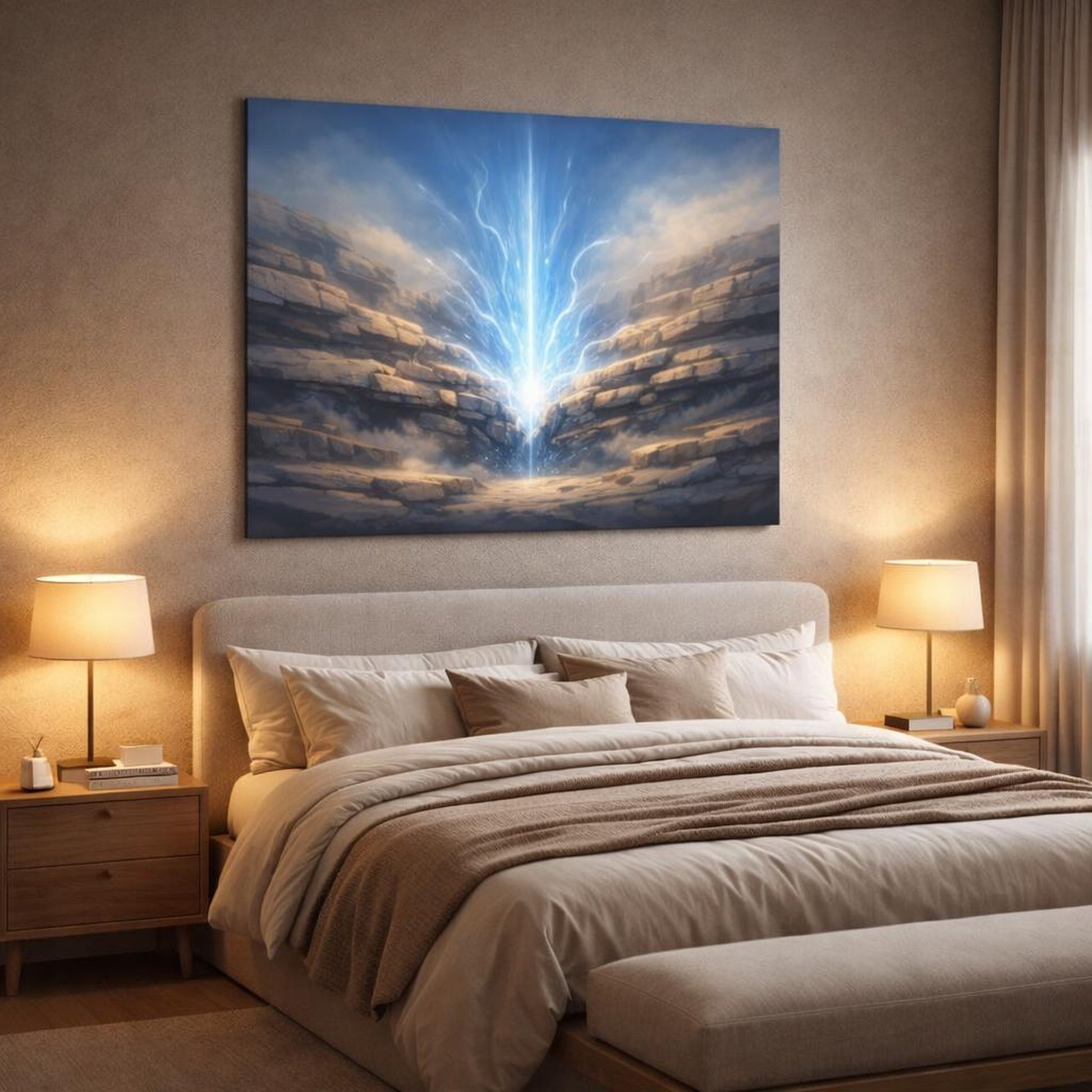 Science Fiction Stone Layers shown as canvas wall art in a luxury bedroom