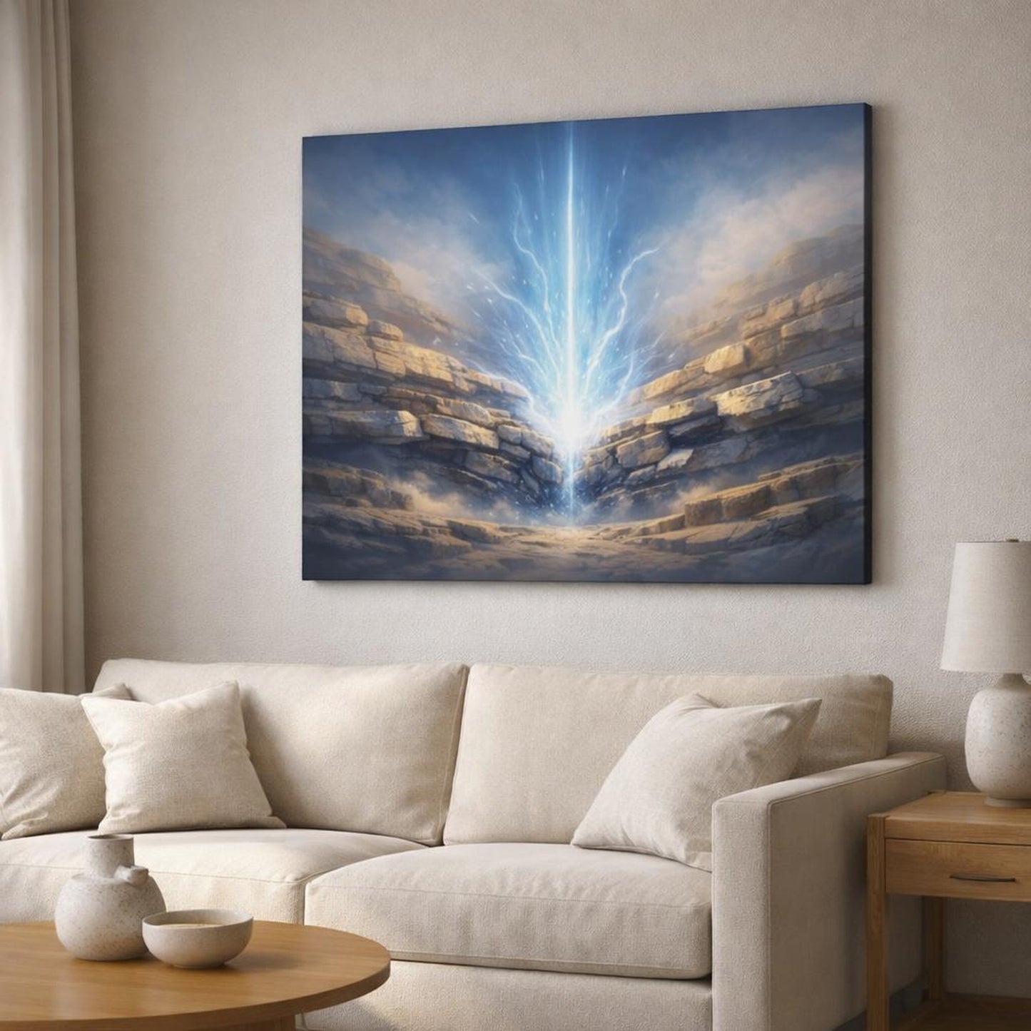 Science Fiction Stone Layers shown as canvas wall art in a modern living room
